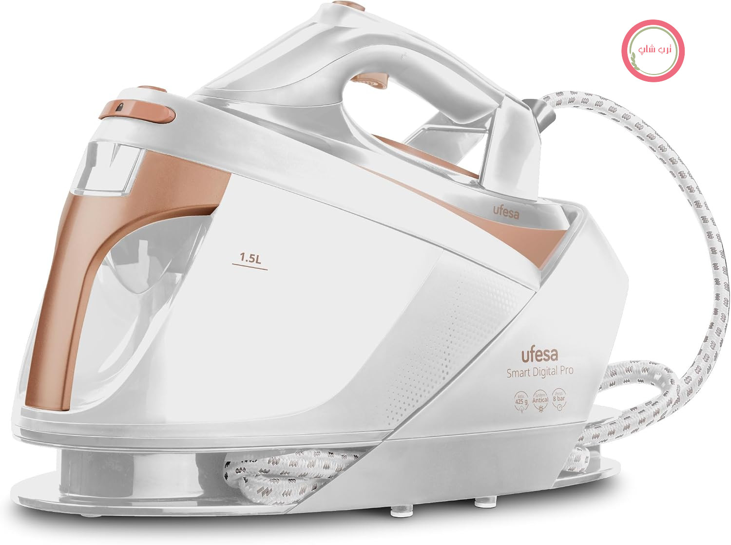 اتو بخار مخزن دار یوفسا اسپانیا Ufesa Smart Digital Pro، 3000 وات، 8 بار، افزایش بخار 425 گرم در دقیقه، حالت‌های ECO و MAX، مخزن آب 1.5 لیتری، کفی سرامیکی VaporGlide، صفحه نمایش LED، خاموش شدن خودکار، ترموستات دیجیتال