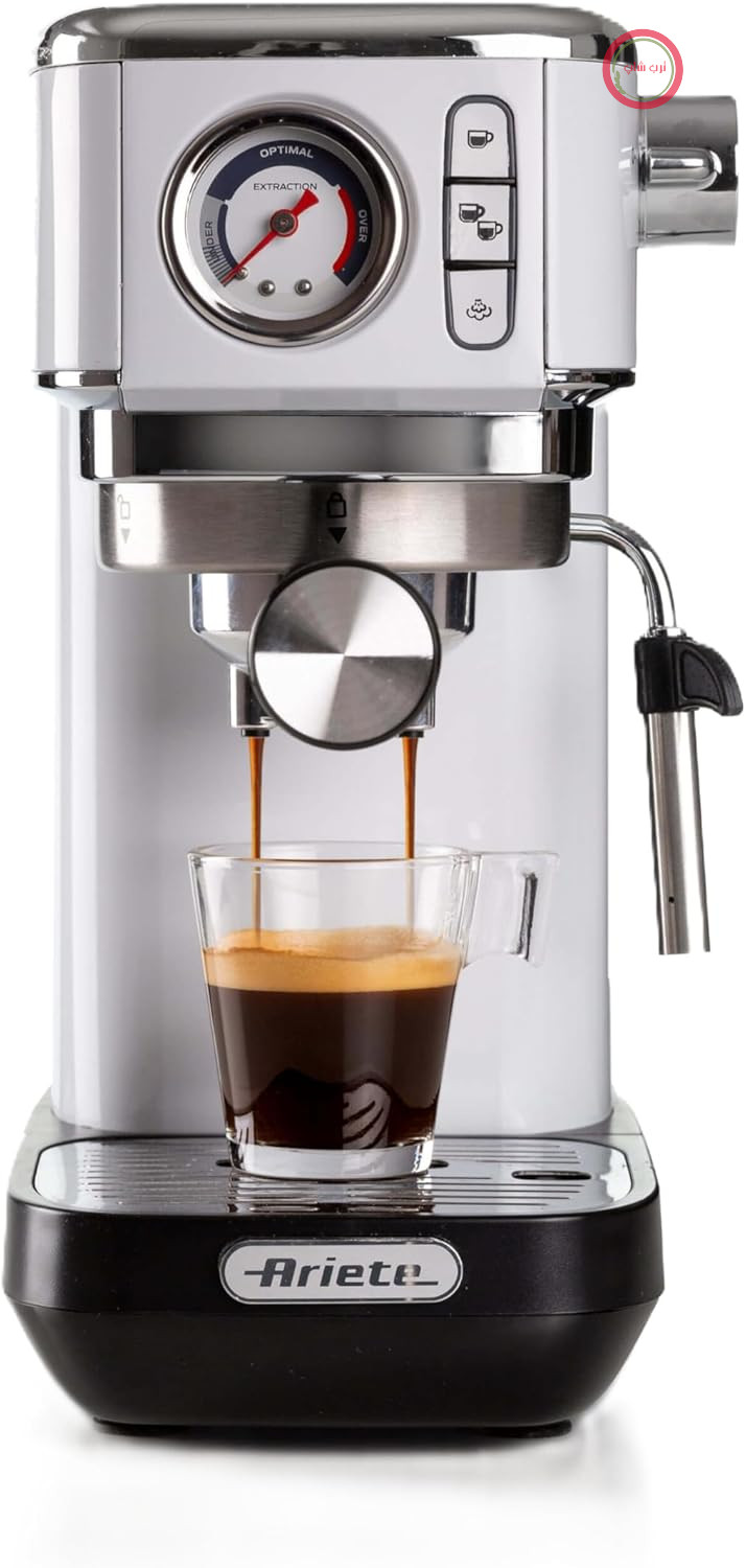 دستگاه قهوه ساز Ariete Espresso Slim Metal 1381 با مانومتر، سازگار با قهوه آسیاب شده و کپسول‌های ESE، حداکثر ۱۵ بار، فیلتر ۱ یا ۲ فنجان، نازل کاپوچینو، ۱۳۰۰ وات، سفید