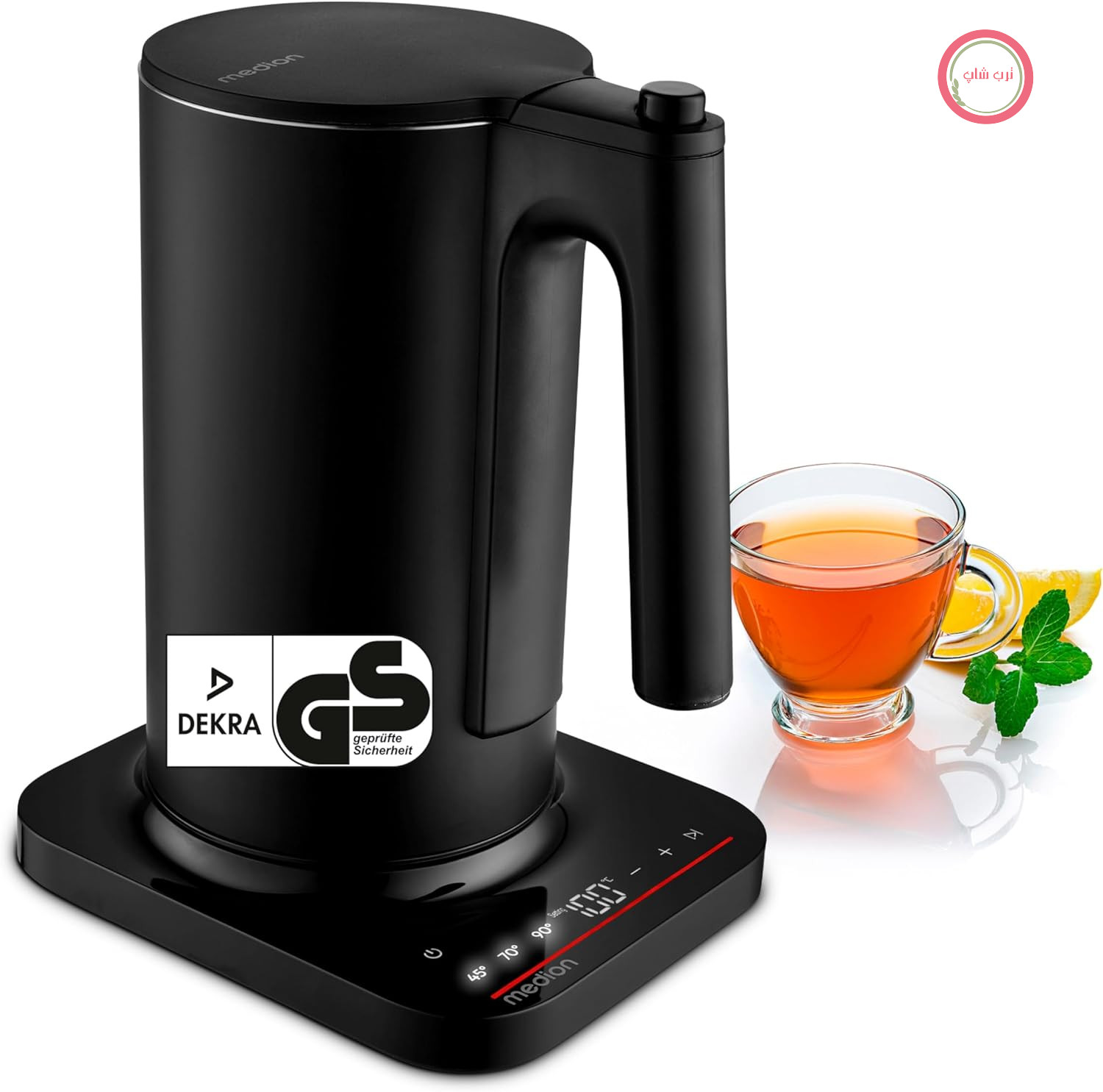 کتری دیجیتال MEDION LIFE MD12106، قدرت 2200 وات، ظرفیت 1.5 لیتر، صفحه نمایش LED، نوار نور LED، برنامه‌های خودکار، قفل کودک، مشکی