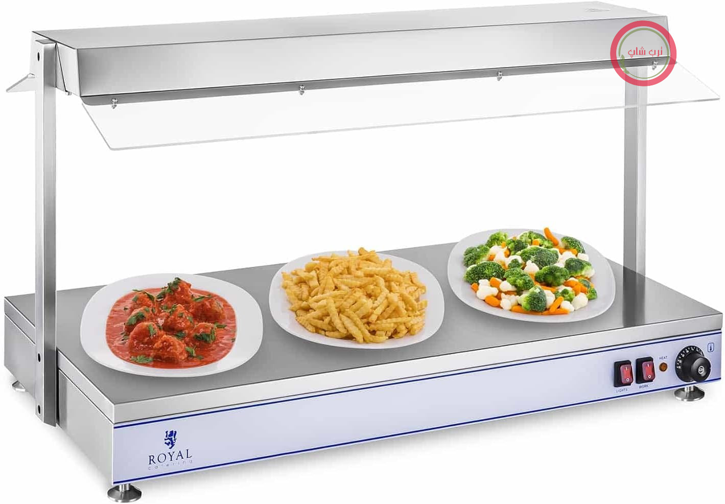 بشقاب گرم کننده Royal Catering RCHP-120 با توان 2000 وات، سطح کار 120 در 50 سانتی متر، استیل ضد زنگ، 4 لامپ هالوژن، گرمکن غذا Bain Marie، جایگاه سوپ، پیشخوان گرم کننده Bain-Marie