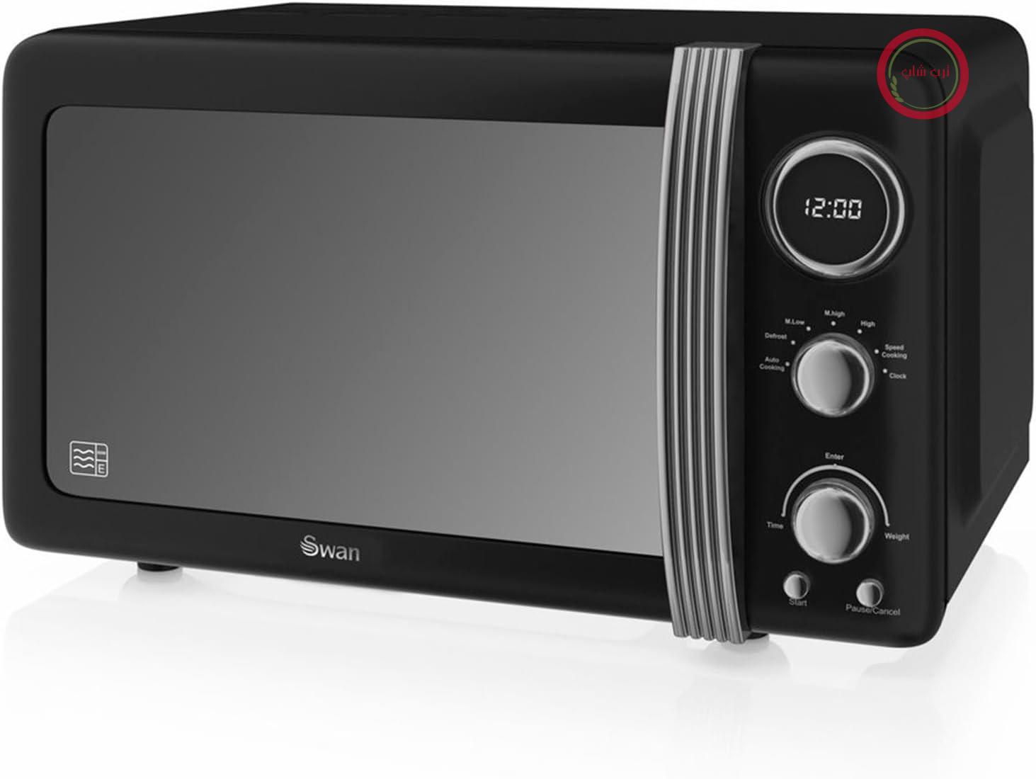 مایکروویو دیجیتال سوان انگلستان Swan Retro SM22030LBNEU، 20 لیتر، 5 سطح قدرت، قابلیت یخ‌زدایی، تایمر 60 دقیقه‌ای، درب آینه‌ای، صفحه گردان 27 سانتی‌متری، طراحی قدیمی، مشکی، 800 وات
