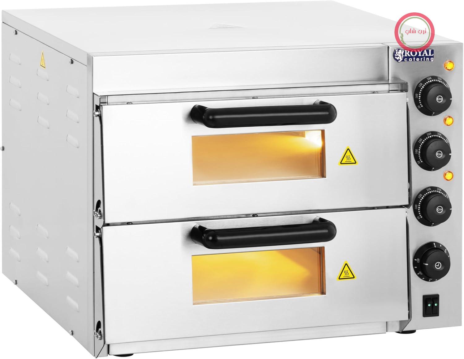 فر پیتزا برقی Royal Catering RCPO-3000-2PS-1، 2 محفظه، پایه سفالی (3000 وات، 2 پایه سنگی سفالی: 40 x 40 x 1.5 سانتی متر، تایمر تا 120 دقیقه، استیل ضد زنگ)