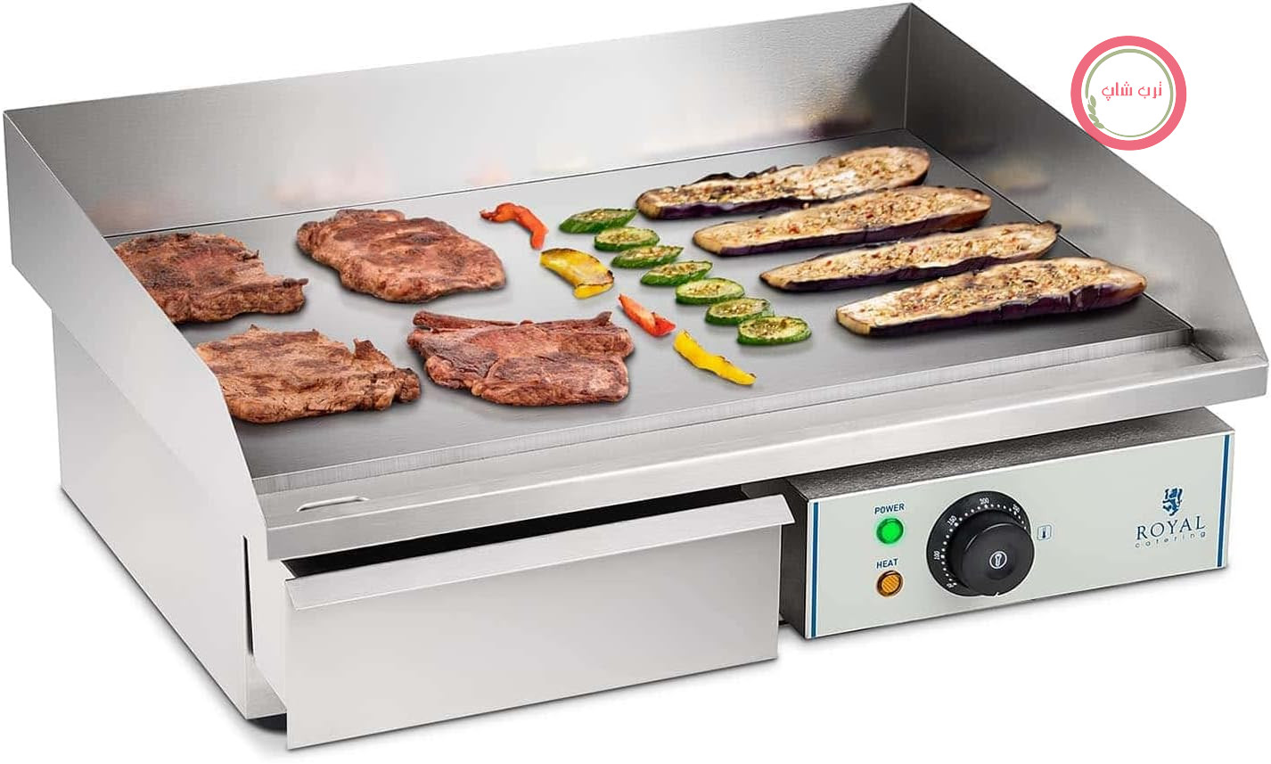 گریل برقی صنعتی رویال کترینگ Royal Catering، گریل رومیزی تجاری، استیل ضد زنگ RCEG-55 (3000 وات، 55x35 سانتی متر، 30-300 درجه سانتیگراد، بدنه صاف، استیل ضد زنگ) نقره ای