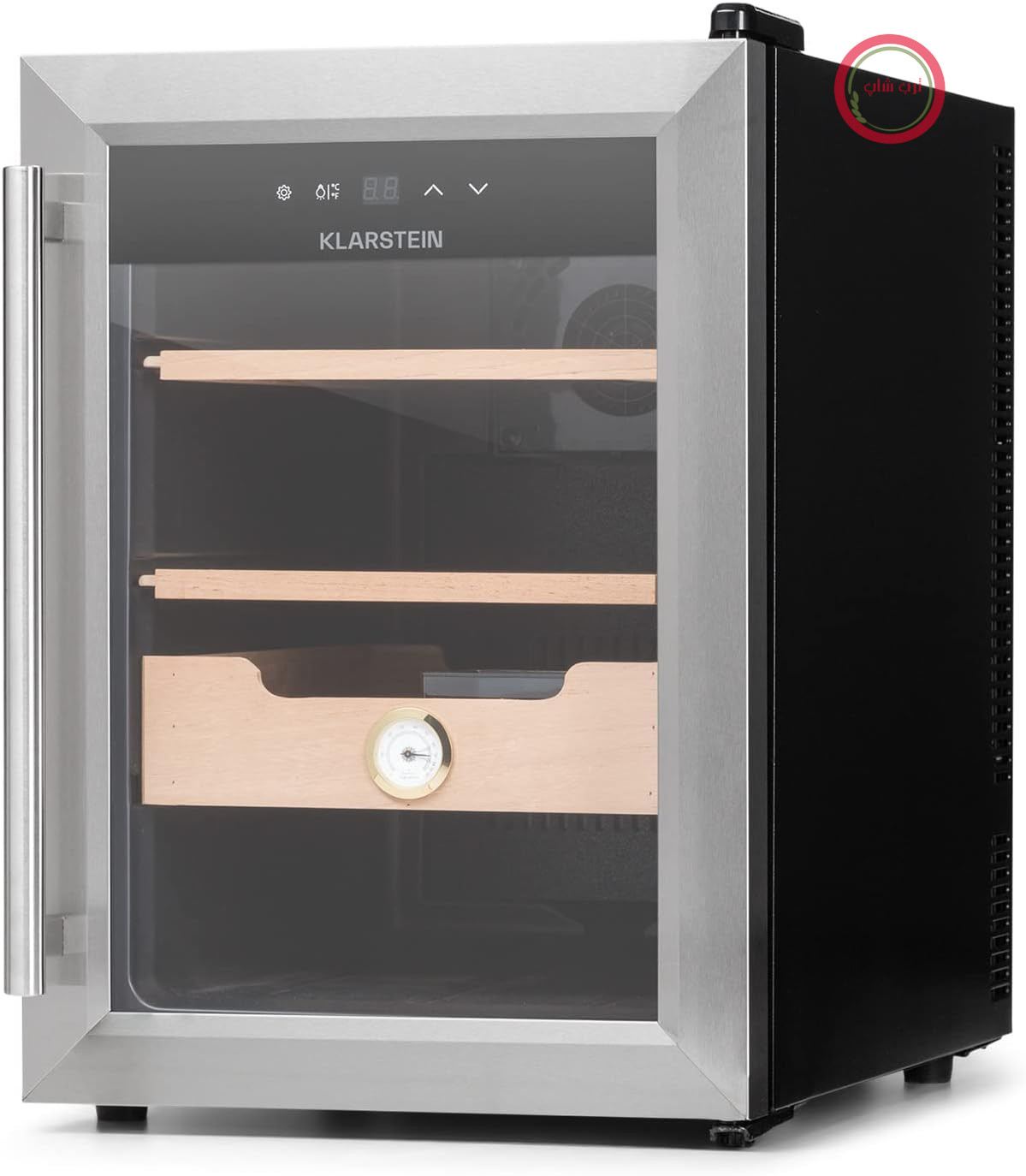 رطوبت گیر سیگار Klarstein El Presidente - کابینت رطوبت گیر ترموالکتریک با درب شیشه ای، رطوبت گیر با قفسه های چوب سدر، رطوبت سنج، روشنایی داخلی LED، 37 لیتر، نقره ای