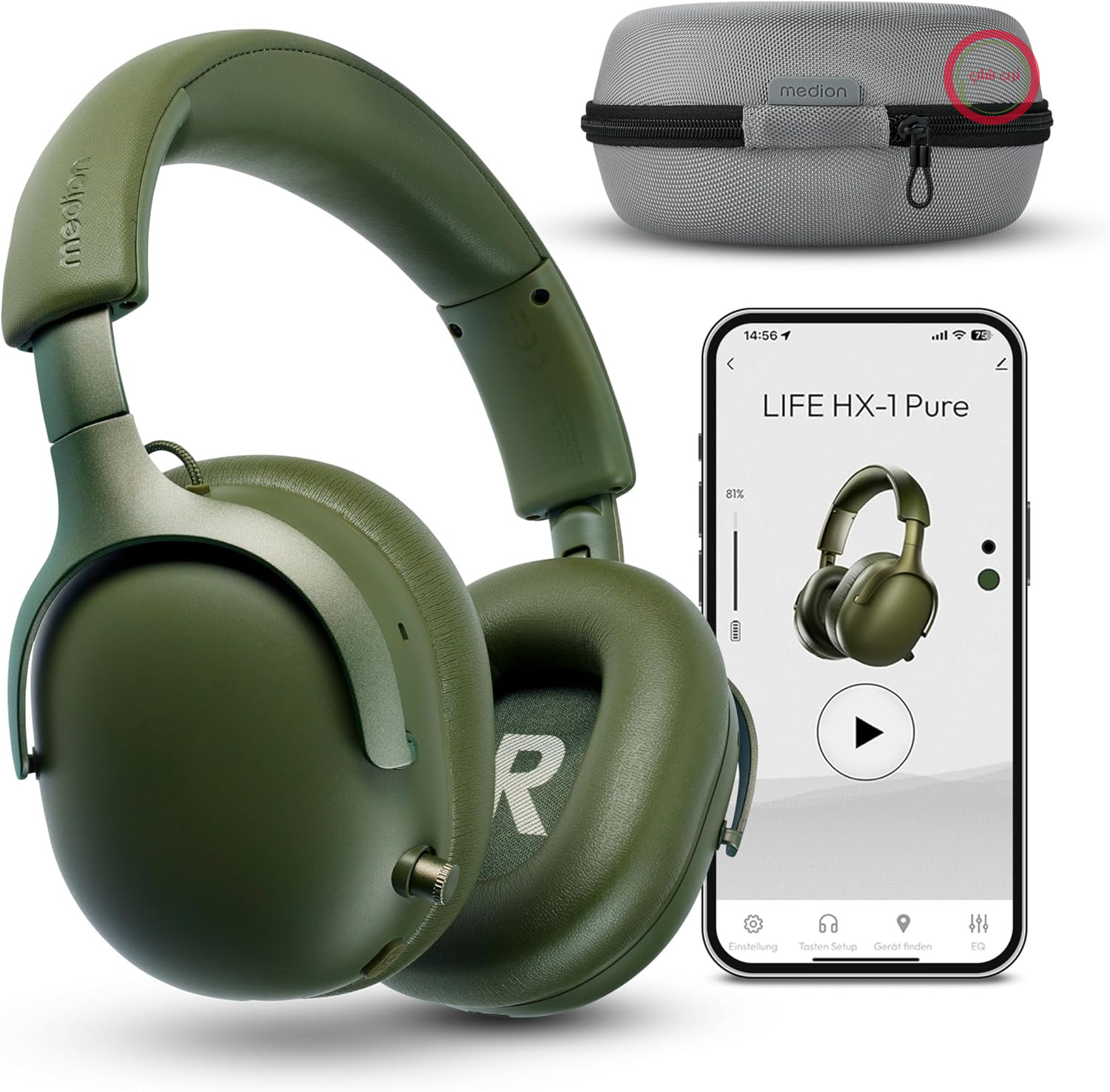 هدفون روگوشی MEDION مدل HX-1 Pure (بی‌سیم، بلوتوث ۵.۴، ایزولاسیون غیرفعال نویز، ۳+۱ تنظیم اکولایزر، عمر باتری تا ۱۰۰ ساعت، ضد آب با استاندارد IPX4) به رنگ سبز