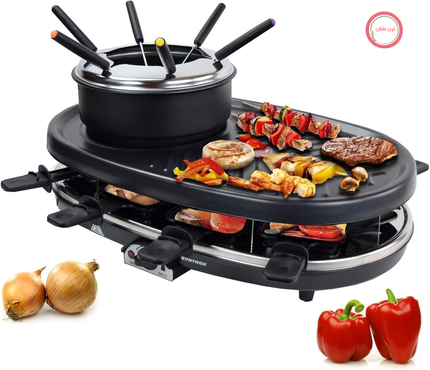 گریل راکلت Syntrox Germany Olorti Raclette با فوندو، دستگاه ۳ در ۱ برای ۸ نفر، صفحه گریل یکپارچه، پوشش نچسب با قابلیت تمیز کردن آسان، گریل کم چرب