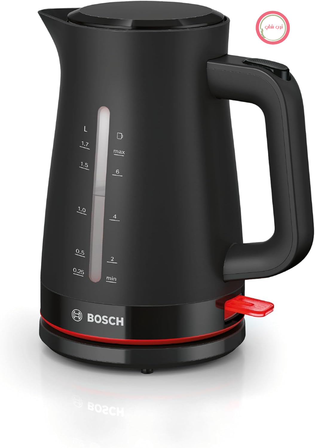کتری بی‌سیم Bosch MyMoment TWK3M123، خاموش شدن خودکار، محافظت در برابر گرمای بیش از حد، نشانگر فنجان، نشانگر سطح آب در دو طرف، فیلتر رسوب آهک قابل جابجایی، 1.7 لیتر، 2400 وات، مشکی مات