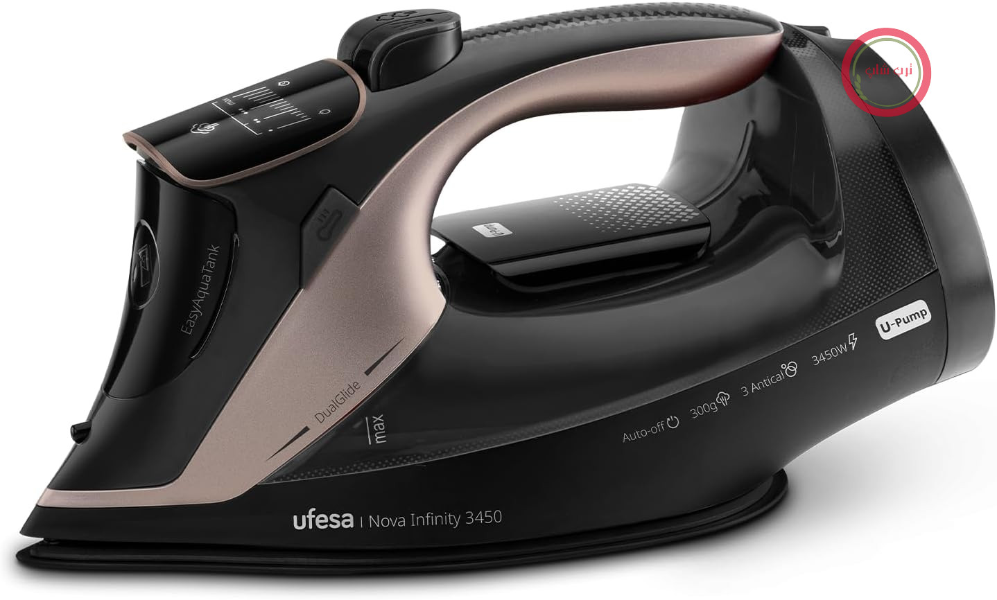 اتو بخار یوفسا اسپانیا Ufesa Nova Infinity 3450W، بخاردهی لحظه‌ای 300 گرم، بخاردهی پیوسته 70 گرم در دقیقه، کفی سرامیکی DualGlide، سیستم ضد رسوب 3 در 1، سیستم ضد چکه، سیستم خاموش شدن خودکار، مخزن 350 میلی‌لیتری، اتوکشی عمودی