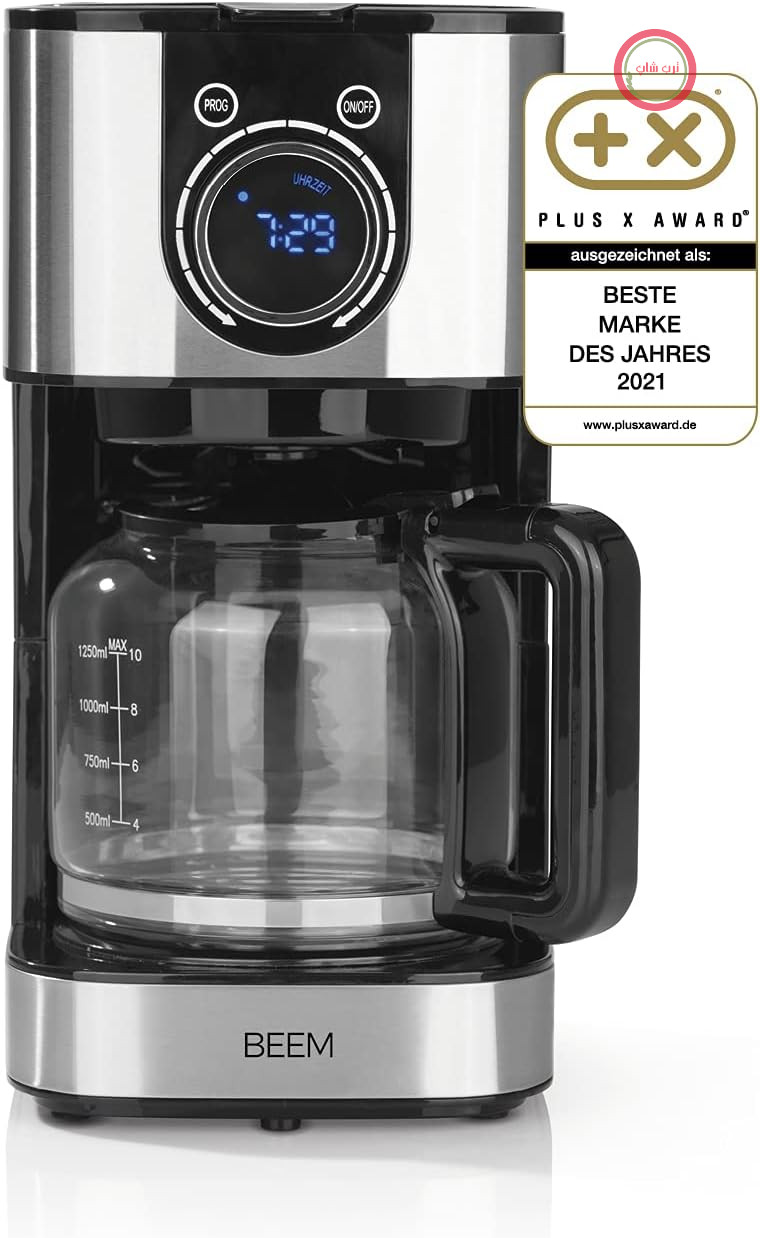 دستگاه قهوه ساز فیلتردار BEEM RESH-AROMA-SWITCH - شیشه | استیل ضد زنگ | قوری شیشه‌ای ۱.۲۵ لیتری | چرخ کنترل شیک | تایمر ۲۴ ساعته | ۸۰۰ وات | ۴ تا ۸ فنجان قهوه