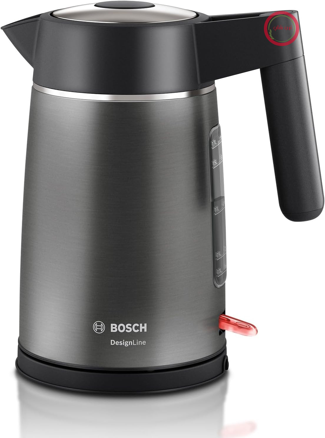 کتری بی‌سیم Bosch DesignLine TWK5P475، بدون پاشش آب، نشانگر فنجان، نشانگر سطح آب بسیار بزرگ، محافظت در برابر گرمای بیش از حد، 1.7 لیتر، 2400 وات، خاکستری