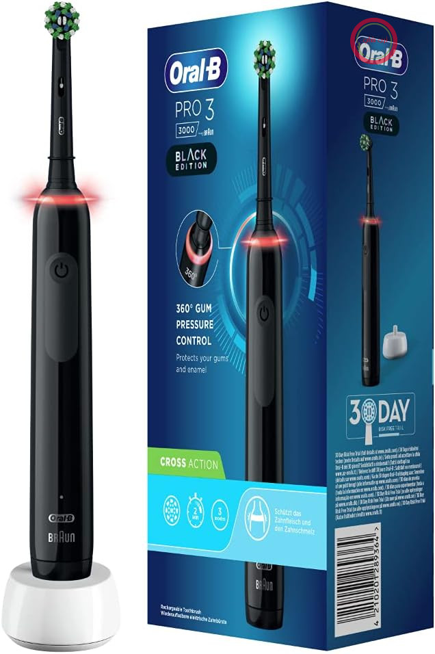 مسواک برقی Oral-B PRO 3 3000 CrossAction، با 3 حالت تمیز کردن و کنترل فشار بصری 360 درجه برای مراقبت از دندان، هدیه برای آقایان/خانم‌ها، طراحی شده توسط Braun، مشکی
