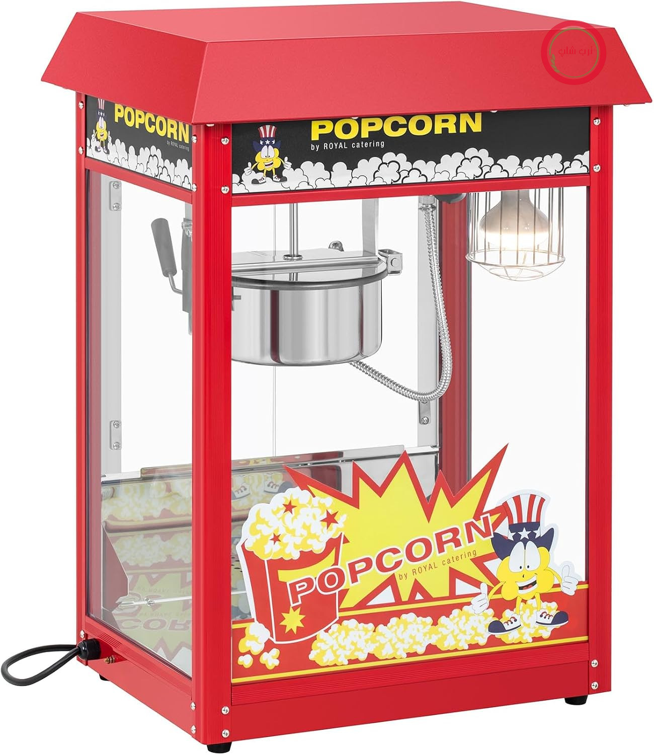 دستگاه پاپ کورن ساز رویال کترینگ Royal Catering، طراحی رترو به رنگ قرمز، 1500 وات، 5 کیلوگرم در ساعت، فضای داخلی روشن، عملکرد گرم نگه داشتن، قابلمه نچسب جداشدنی، سینی خرده نان، پاپ کورن ساز، پاپ کورن ساز اتوماتیک