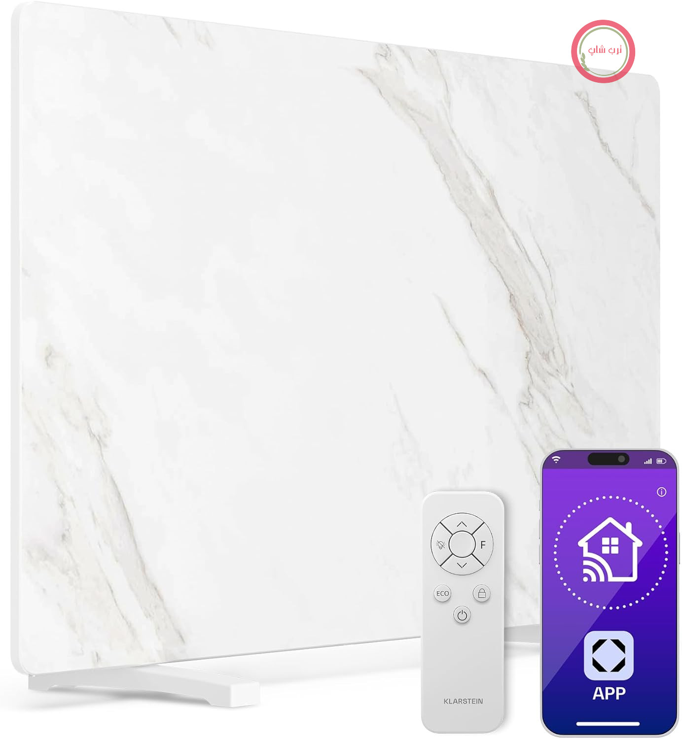 بخاری مادون قرمز Klarstein 600W – دیواری و ایستاده، ترموستات، کنترل برنامه، ظاهر مرمری، IP43، محافظت در برابر گرمای بیش از حد، برای حمام و اتاق نشیمن، بخاری دیواری برقی، سفید