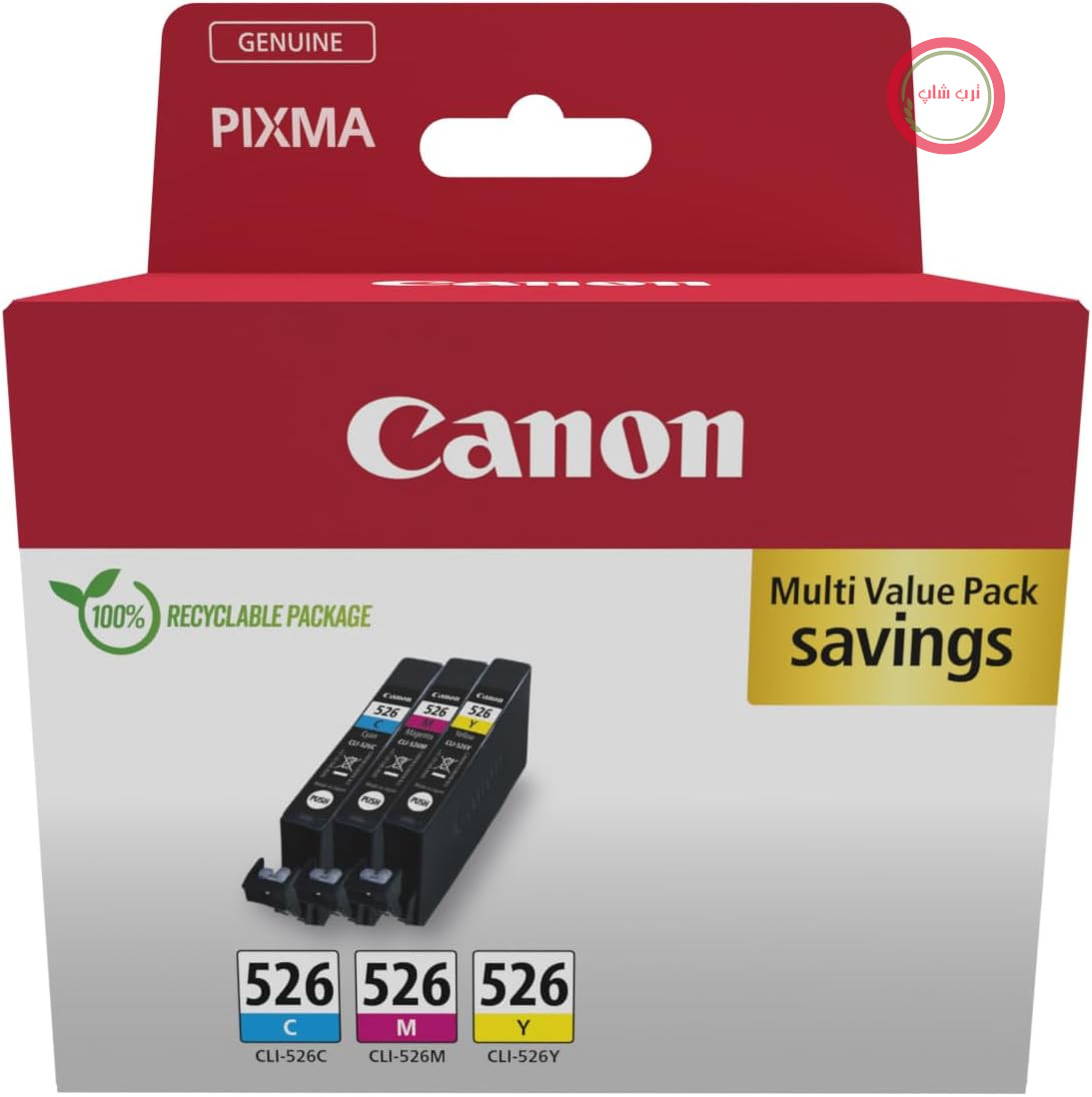کارتریج‌های جوهر Canon CLI-526 C M Y Value Pack 3 (فیروزه‌ای، سرخابی، زرد) اصلی [بسته‌بندی مقوایی بازیافتی 2024 با برچسب ضد سرقت]