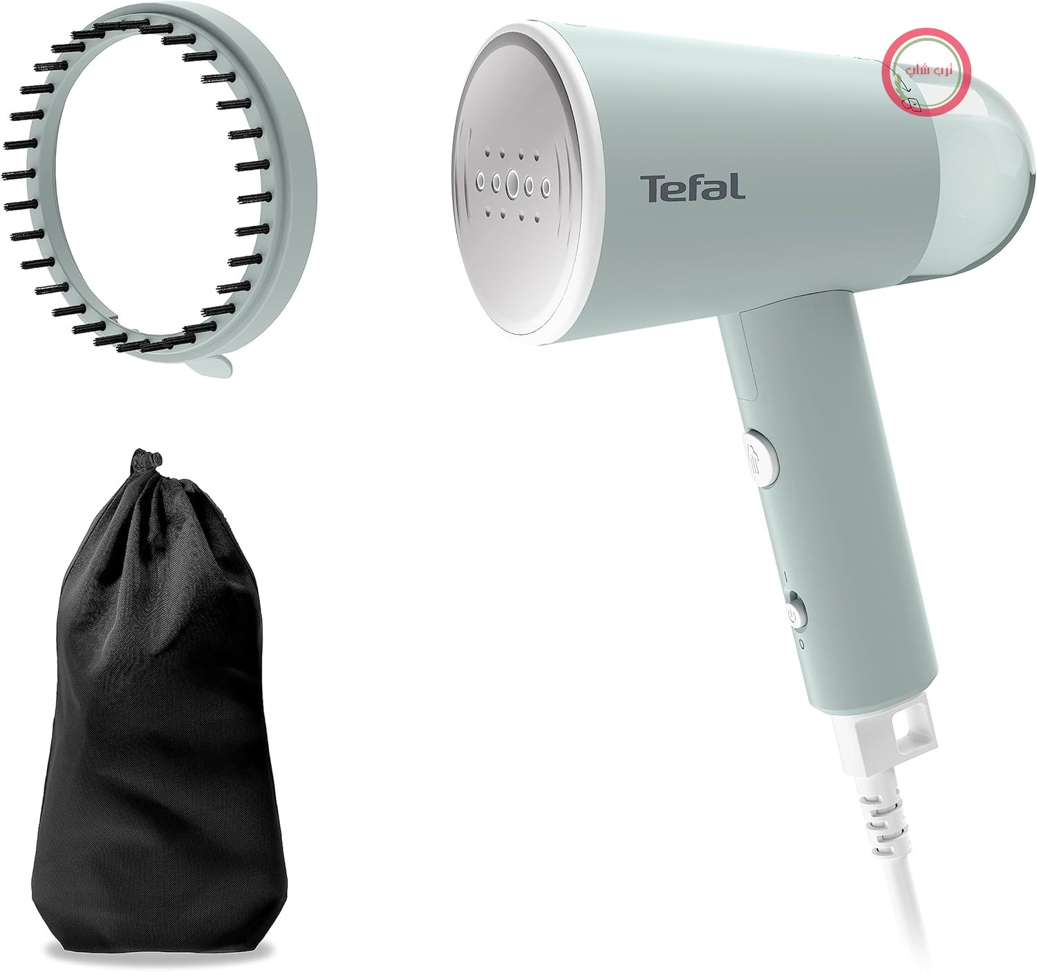 برس بخار مسافرتی Tefal Origin، 1200 وات، تاشو، آماده استفاده در 25 ثانیه، 20 گرم در دقیقه، بخارشوی مسافرتی، مخزن آب 70 میلی لیتری، بخارشوی به همراه لوازم جانبی، سفید/اکالیپتوس، DT1034
