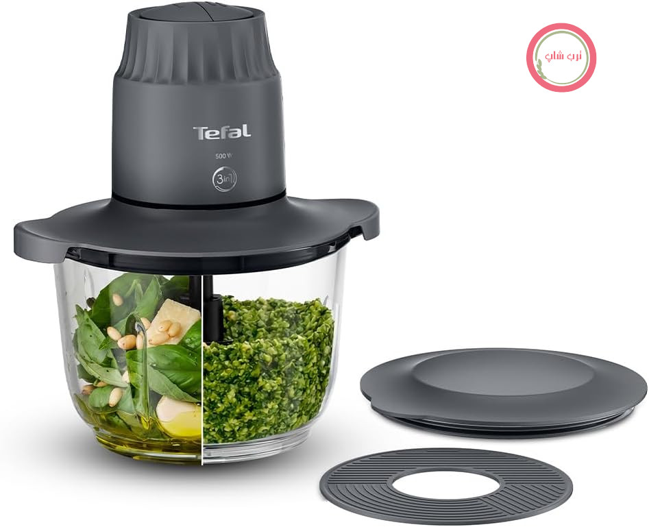 خردکن تفال مدل Choppeo XXL، کاسه شیشه‌ای ۲ لیتری، غذاساز کوچک آشپزخانه، زیرانداز ضد لغزش، درب نگهداری باقیمانده غذا، ۲ سرعته، ۵۰۰ وات، حمص، سبزیجات، خاکستری MB603BG1
