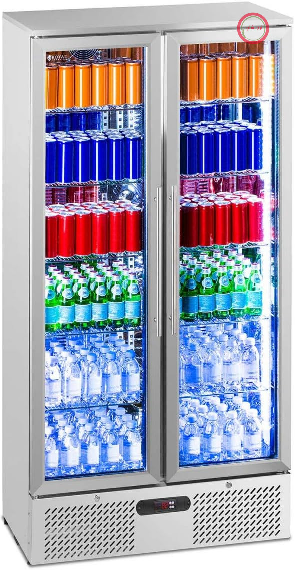 یخچال نوشیدنی Royal Catering RCGK-458S، یخچال بطری با درب شیشه‌ای، یخچال ایستاده (۴۵۸ لیتر، ۲ تا ۱۰ درجه سانتیگراد، درب‌های قفل‌دار با شیشه دوجداره، روشنایی LED، استیل ضد زنگ)