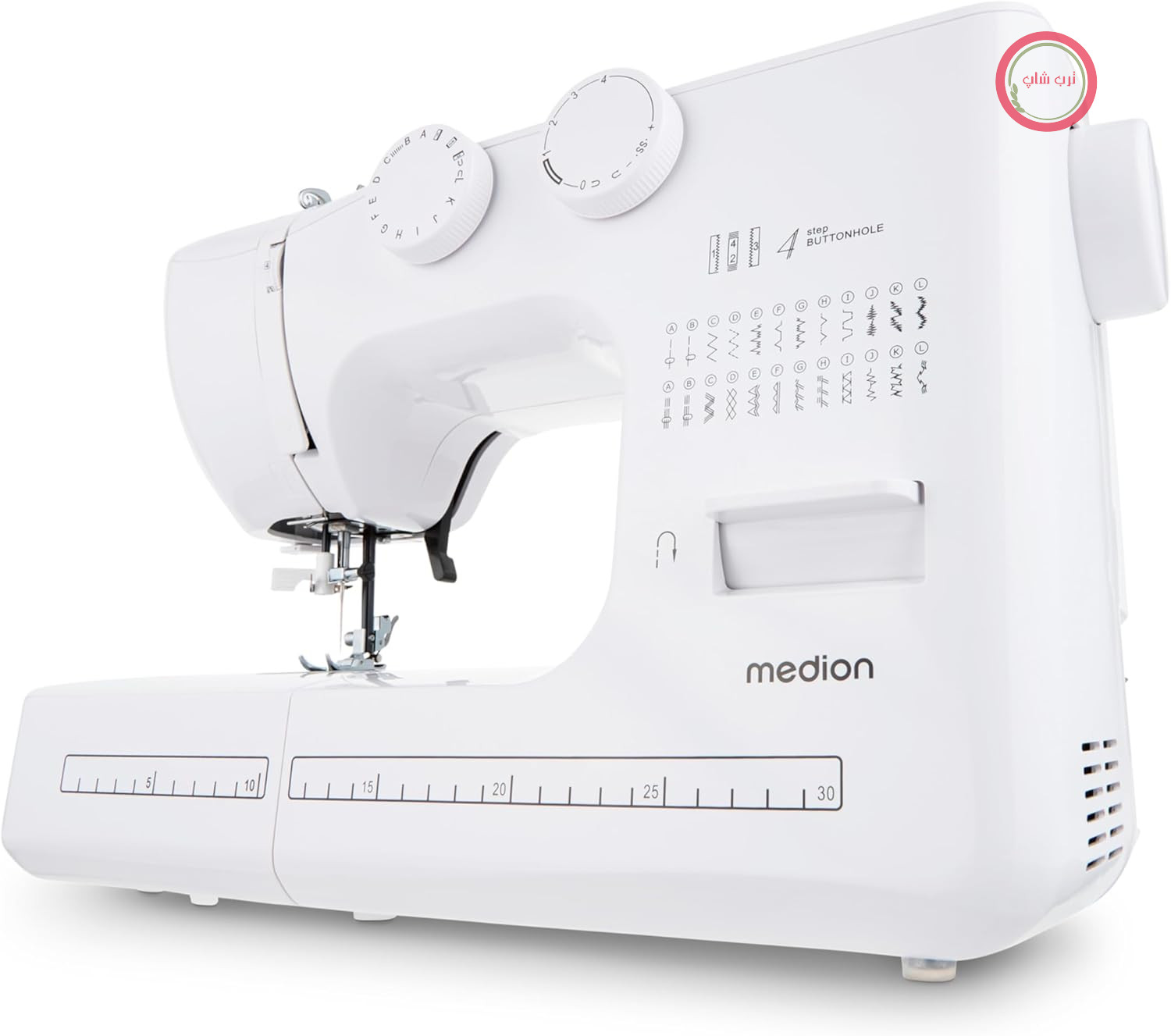 چرخ خیاطی بازوی آزاد MEDION SM60 (60 وات، 60 الگوی دوخت مختلف با جا دکمه، چراغ دوخت LED، سوزن نخ کن اتوماتیک، دکمه معکوس، نخ بر، MD10689) سفید