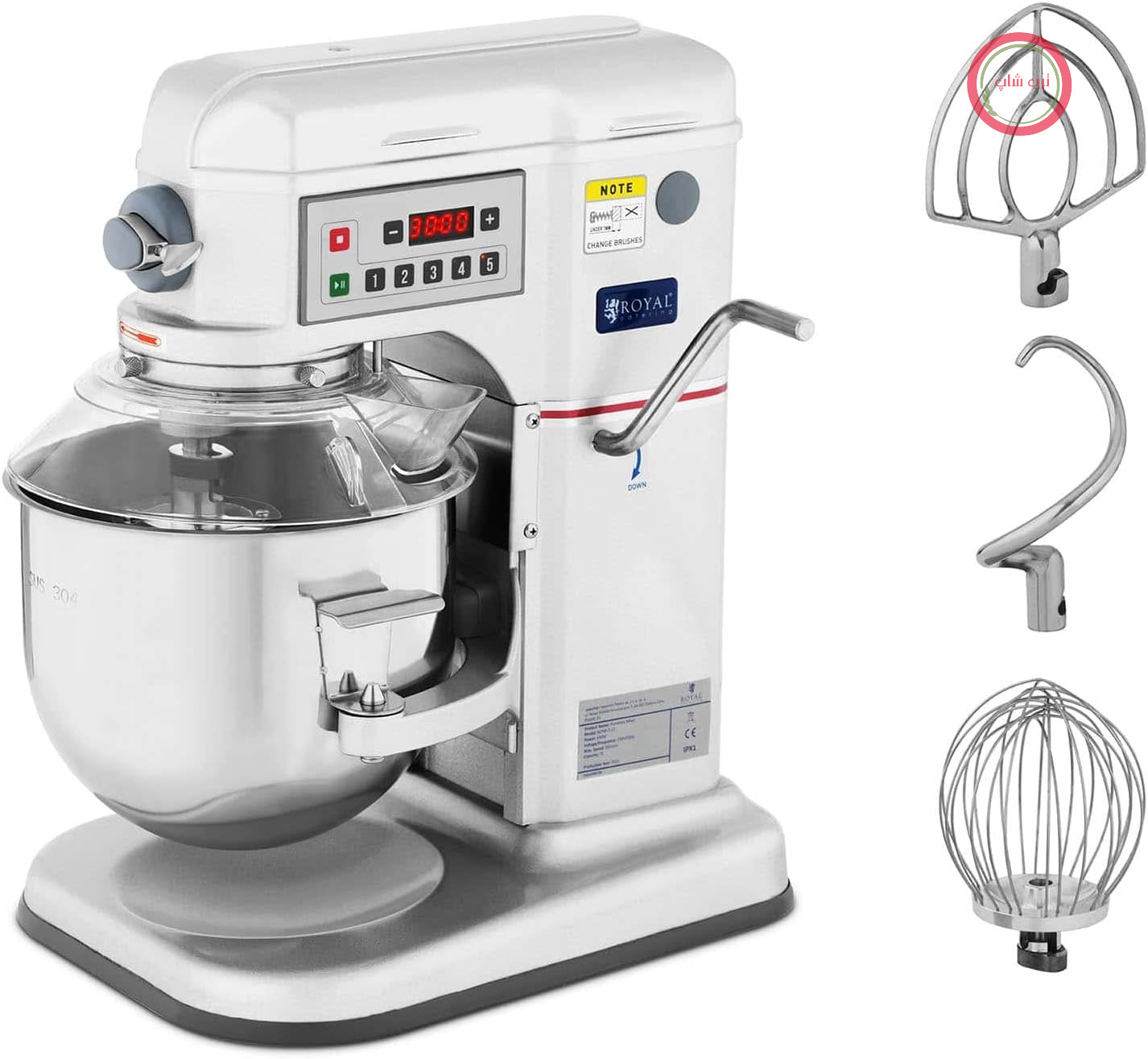 خمیرگیر صنعتی رویال کترینگ آلمان Royal Catering مدل RCPM-7,1D، توان ۶۵۰ وات، همزن سیاره‌ای، کاسه پایین‌رونده