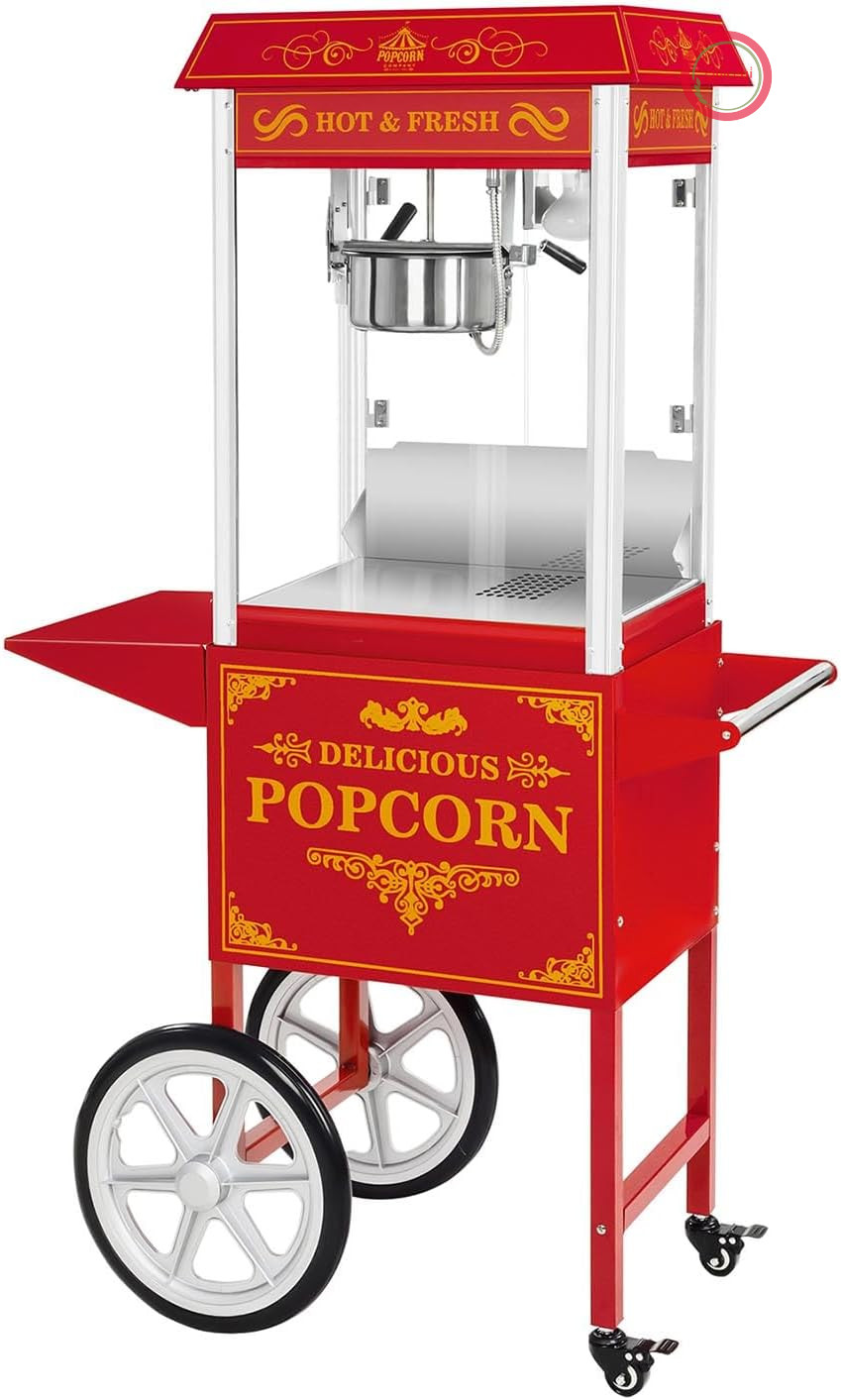 دستگاه پاپ کورن ساز رویال کترینگ آلمان Royal Catering (1500 وات، 5 کیلوگرم در ساعت 16 لیتر در ساعت، روکش نچسب) پاپ کورن ساز با سبد خرید Retro Red