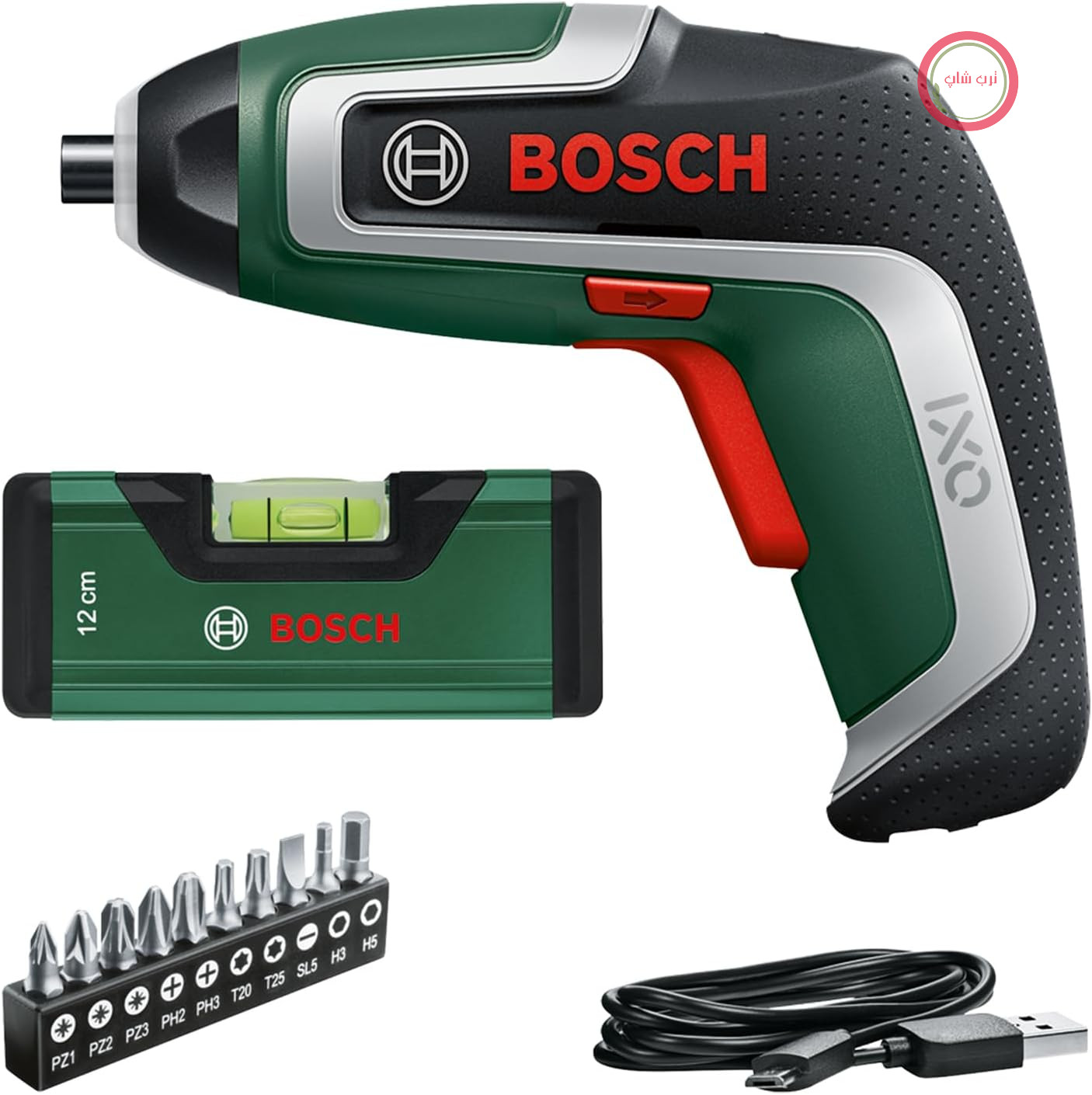 پیچ‌گوشتی شارژی کوچک بوش آلمان Bosch مدل IXO به همراه تراز (نسل هفتم؛ 3.6 ولت؛ 2.0 آمپر ساعت؛ 5.5 نیوتن متر