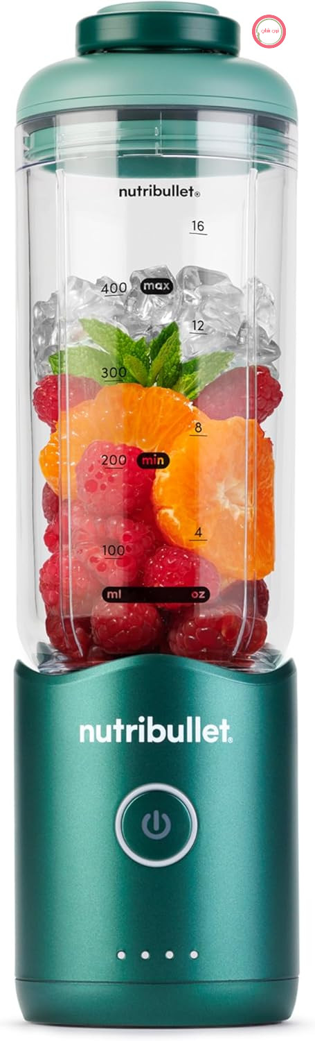 مخلوط کن اسموتی قابل حمل nutribullet Flex 590ml با درب قابل شستشو، قابلیت خرد کردن یخ و میوه های یخ زده، پورت USB-C، بند حمل، لیوان بدون BPA، تمیز کردن آسان، رنگ سبز جنگلی (NBP013GR)