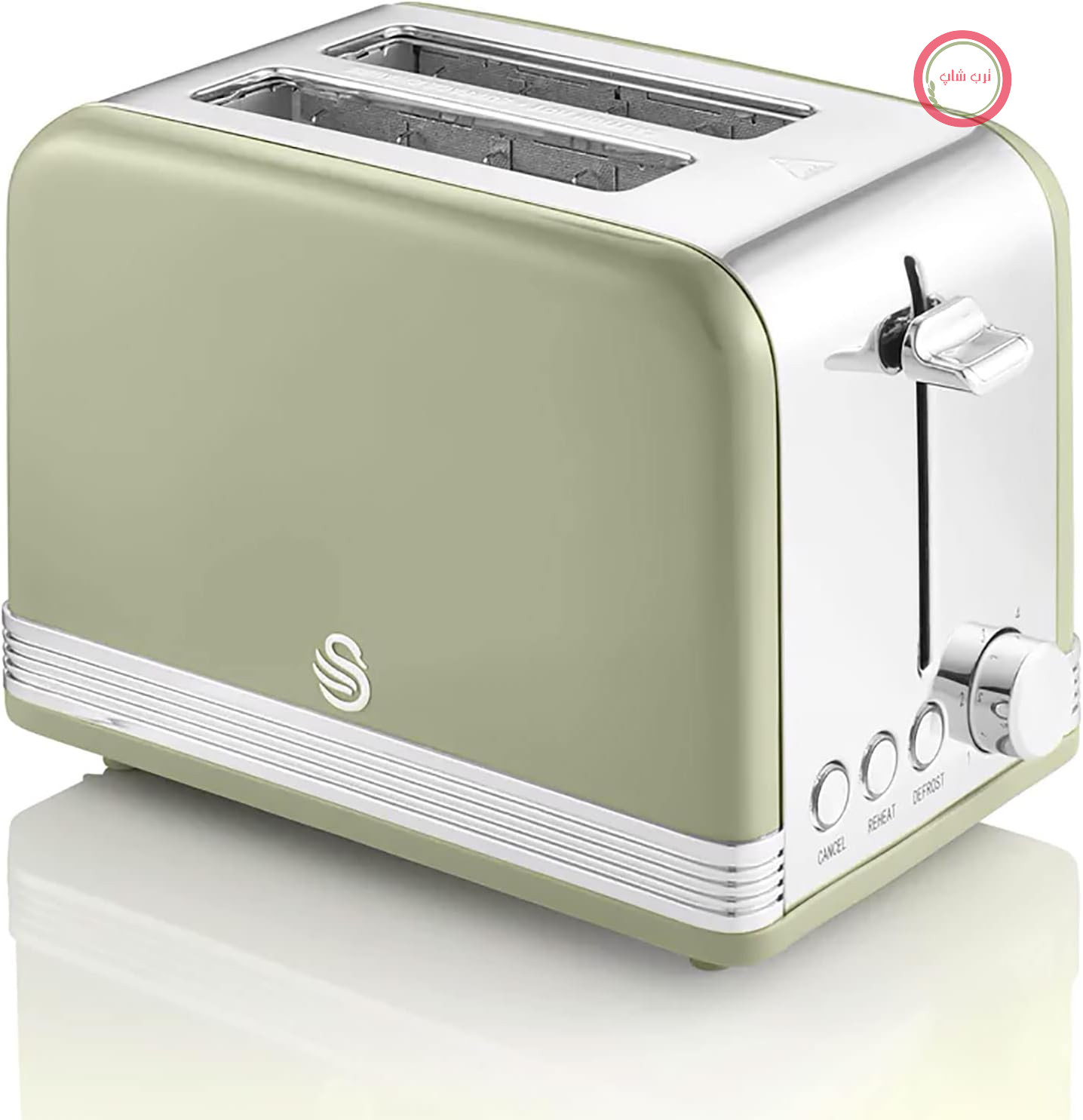 توستر دو تکه عریض سوان انگلستان Swan Retro ST19010GNEU با دو برش و شیار عریض، طراحی قدیمی، ۳ عملکرد: یخ‌زدایی/گرم کردن مجدد/لغو، ۶ کنترل سطح تست، استیل ضد زنگ، سبز، ۸۱۵ وات
