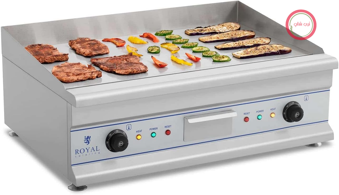 گریل رومیزی برقی رویال کترینگ Royal Catering RCG 75، گریل صفحه ای Gastro Grill، استیل ضد زنگ (2 x 3200 W، صاف، محافظ پاشش آب، دستگاه زهکشی، تا 300 درجه سانتیگراد، 75 x 52 x 28 سانتی متر)