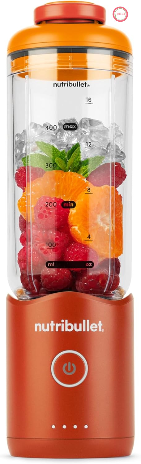 مخلوط کن اسموتی قابل حمل nutribullet Flex 590ml با درب قابل شستشو، قابلیت خرد کردن یخ و میوه های یخ زده، پورت USB-C، بند حمل، لیوان بدون BPA، تمیز کردن آسان، نارنجی (NBP013OR)