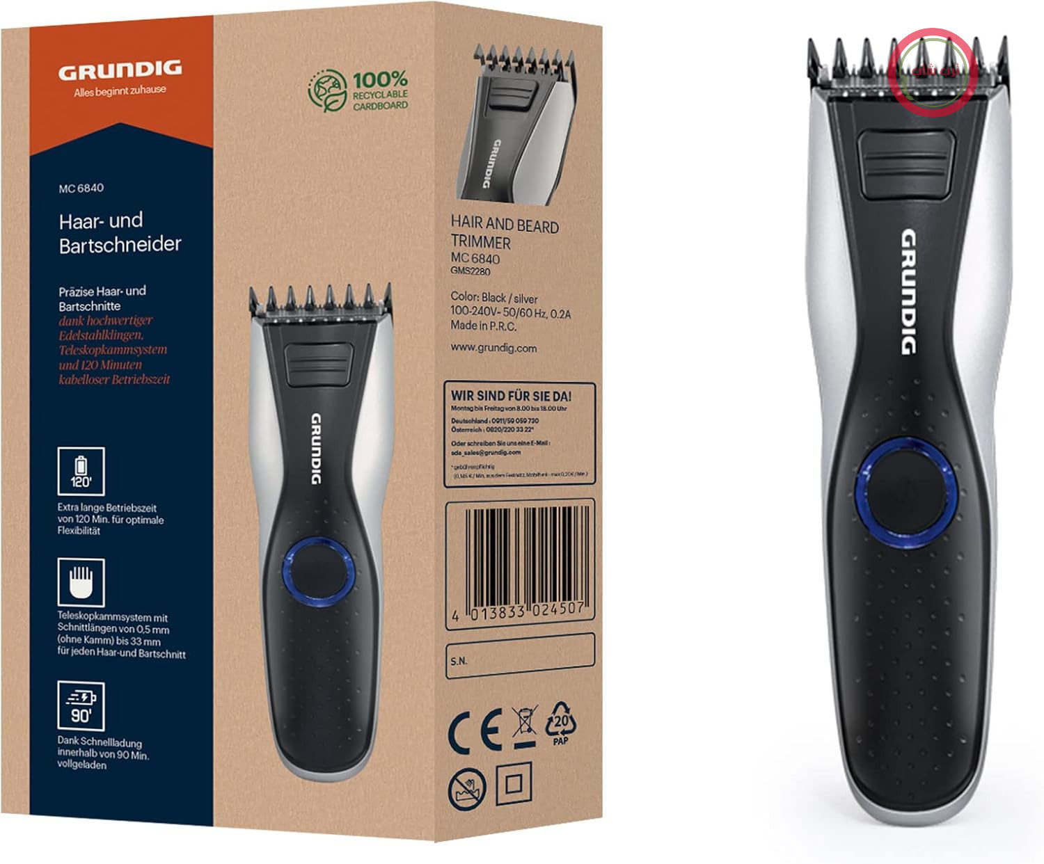 ماشین اصلاح مو و ریش GRUNDIG MC6840، بی‌سیم/با سیم، LED، مشکی، نقره‌ای، طول اصلاح تا 30 میلی‌متر