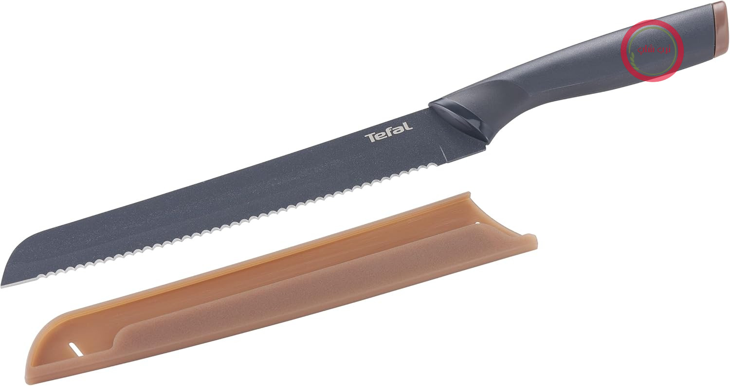 چاقوی نان آشپزخانه Tefal K12218 مدل Fresh سایز 20 سانتی‌متر | تیغه استیل ضد زنگ با روکش نچسب تقویت شده با تیتانیوم | دسته ارگونومیک | دارای غلاف محافظ رنگی | قابل شستشو در ماشین ظرفشویی | مشکی/قهوه‌ای