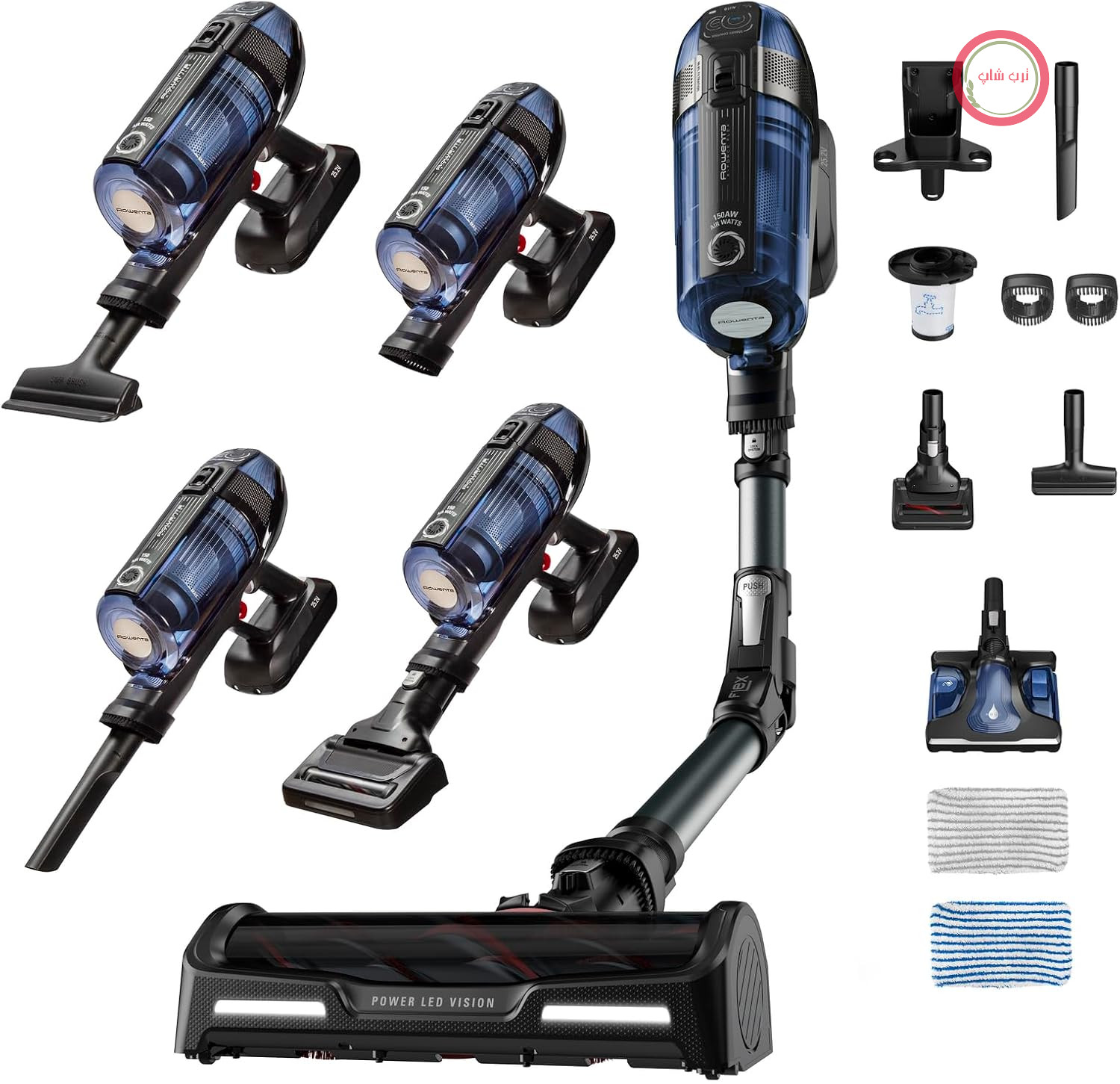 جارو شارژی روونتا آلمان بی‌سیم Rowenta X-Force Flex 12.60 Aqua، 150 وات هوا، تا 45 دقیقه زمان اجرا، تمیز کردن 2 در 1، شامل نازل Aqua، مفصل فلکس، نازل LED، آبی-مشکی، RH98C8
