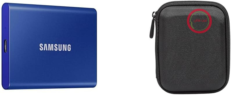 SSD قابل حمل سامسونگ T7 - 1 ترابایت - SSD اکسترنال USB 3.2 نسل 2 آبی نیلی (MU-PC1T0H/WW) + قاب هارد دیسک Amazon Basics، مشکی