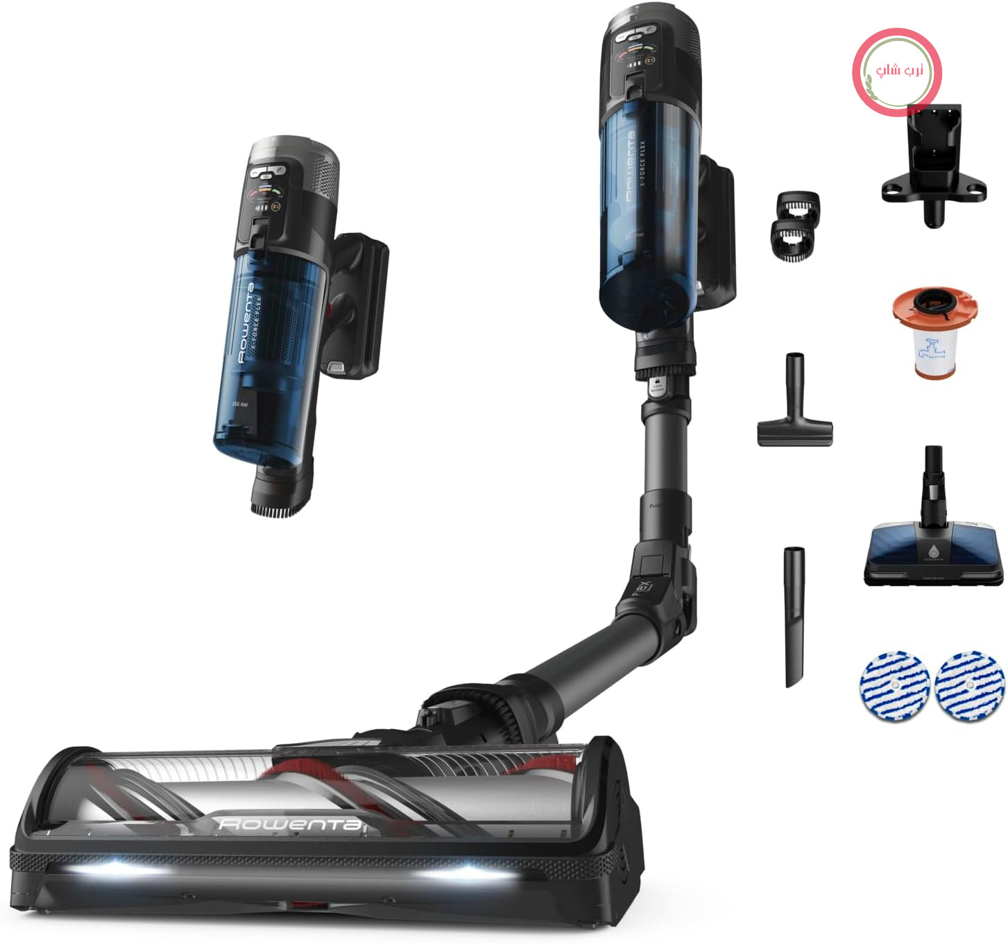 جارو شارژی روونتا آلمان بی‌سیم Rowenta X-Force Flex 12.60 Neo Allergy Aerospin، 60 دقیقه کارکرد، 150 وات هوا، بی‌سیم، تنظیم خودکار قدرت مکش، فناوری Flex، صفحه نمایش LED، آبی/خاکستری، RH9LC0WO