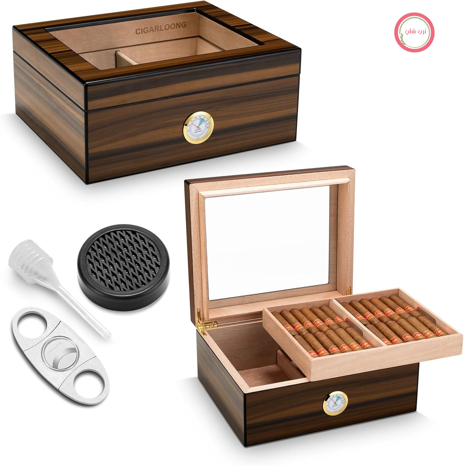 بشقاب شیشه‌ای رومیزی رطوبت‌گیر سیگار مدل Cedar با برش‌دهنده سیگار، رطوبت‌سنج و رطوبت‌ساز، جعبه نگهداری سیگار دو قسمتی با ظرفیت بالا برای نگهداری ۵۰ تا ۷۵ سیگار (متوسط)