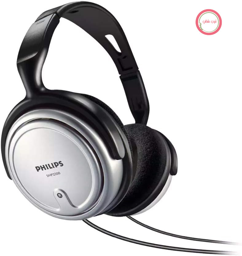 هدفون‌های تلویزیونی های‌فای Philips Audio SHP2500/10 (صدای عالی، ایزولاسیون نویز، تناسب ایده‌آل، کنترل صدا، کابل بسیار بلند ۶ متری) نقره‌ای/مشکی، هدبند جلویی قابل تنظیم
