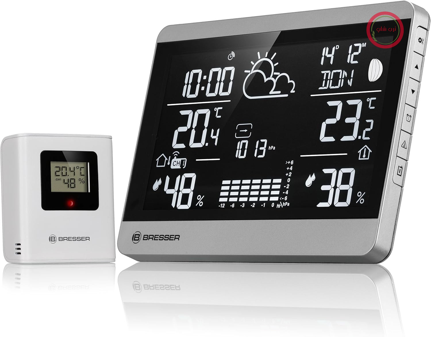 ایستگاه هواشناسی بی‌سیم Bresser ClimateTemp NDH-NEO با حسگر فضای باز، نمایشگر دما و رطوبت، پیش‌بینی آب و هوا، هشدار یخبندان، فرمت افقی، نقره‌ای/مشکی | دمای داخل و خارج از منزل، رطوبت، پیش‌بینی آب و هوا، فشار هوای تاریخی، هشدار یخبندان، زمان DCF