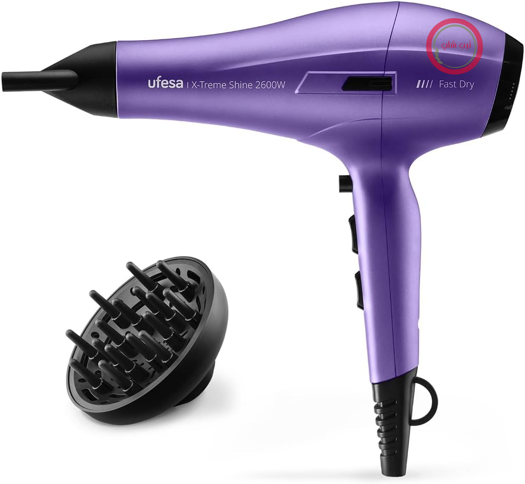 سشوار حرفه‌ای یوفسا اسپانیا Ufesa X-Treme Shine، 2600 وات، موتور AC، فناوری یونی، بدون فر، با پوشش روغن آرگان، شامل پخش‌کننده و متمرکزکننده، 2 سرعت، 3 دما