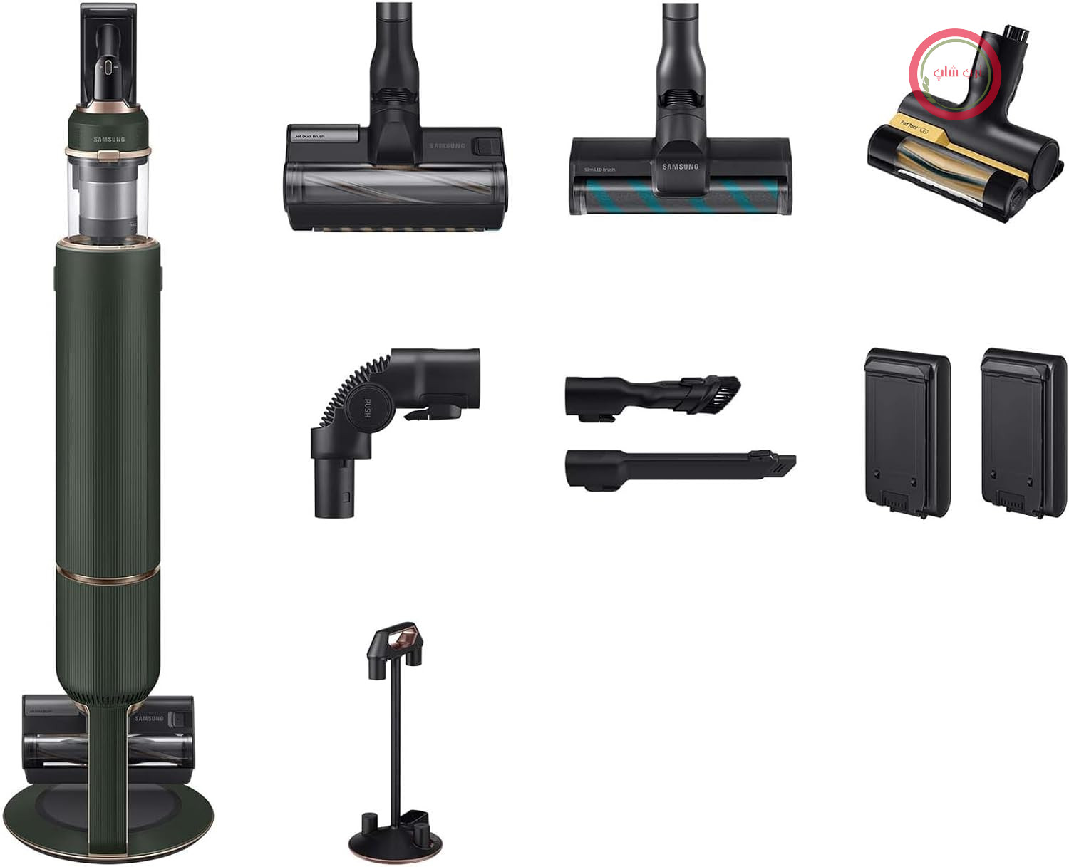 جارو شارژی سامسونگ Samsung مدل Bespoke Jet Plus Cordless + CompleteClean، تلسکوپی، ایستگاه تمیزکننده همه کاره، شامل باتری یدکی و لوازم جانبی، رنگ سبز چوبی، مدل VS20B95B43N/WD