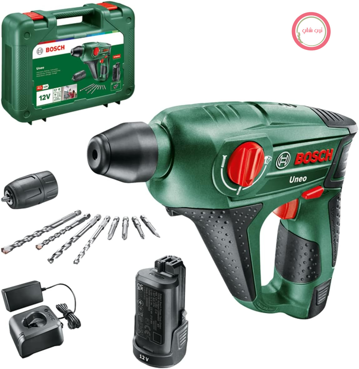 دریل چکشی شارژی دوار بوش آلمان Bosch مدل Uneo باتری 2 عدد سیستم ۱۲ ولت، حداکثر قطر مته‌کاری در بتن
