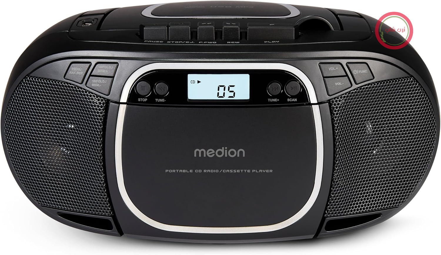 سیستم صوتی استریو MEDION E66476 (بوم باکس، پخش کننده سی دی، MP3، کاست، پخش کننده کاست قابل حمل برای کودکان، رادیو FM، AUX، هدفون، برق و باتری) مشکی