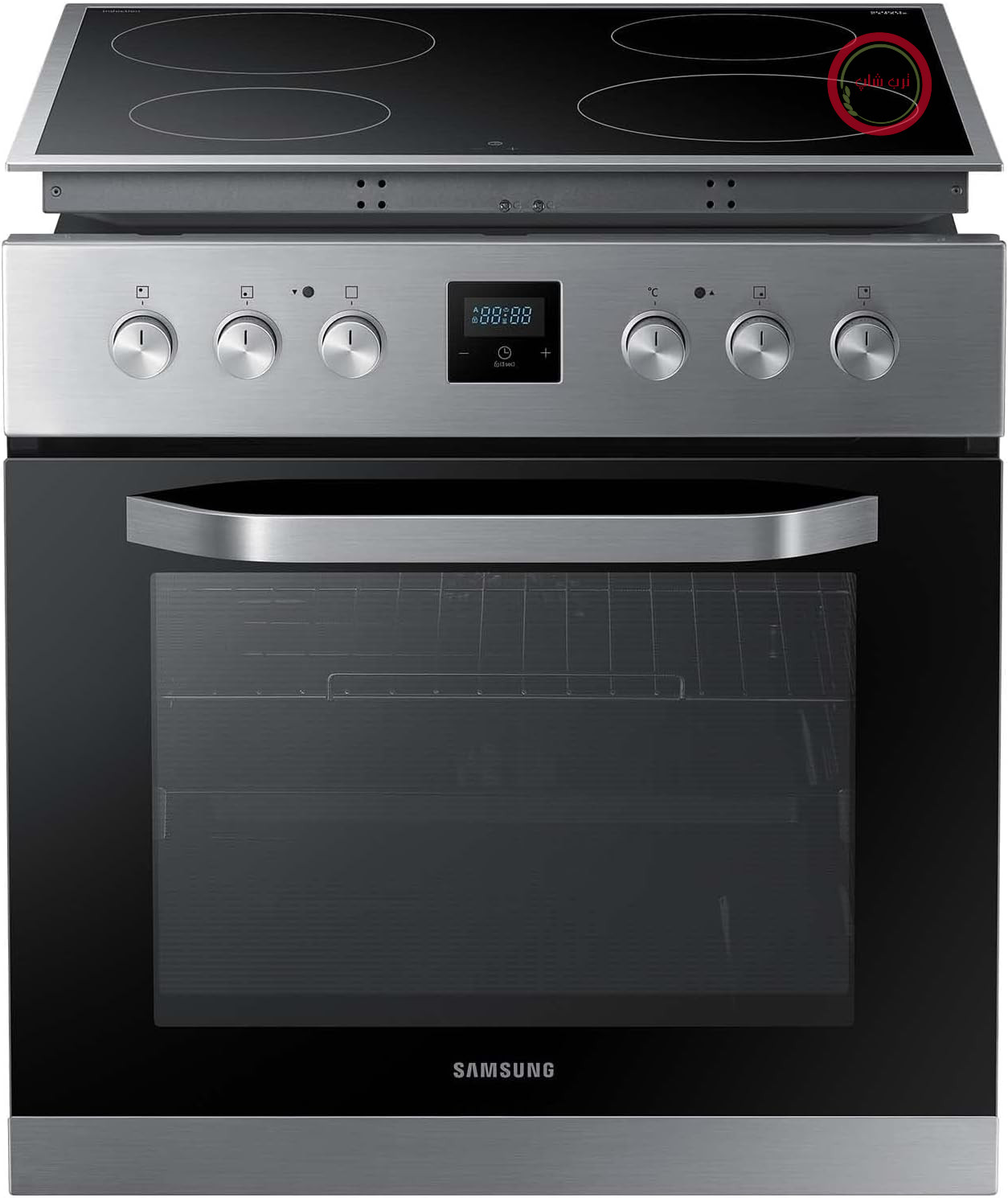 سرویس فر و اجاق برقی سامسونگ Samsung مدل F-NB69R5701RS شامل اجاق گاز سرامیکی و فر توکار، ۶۹ پوند، دستگیره‌های جمع‌شونده، سطح پخت‌وپز شیشه‌ای-سرامیکی