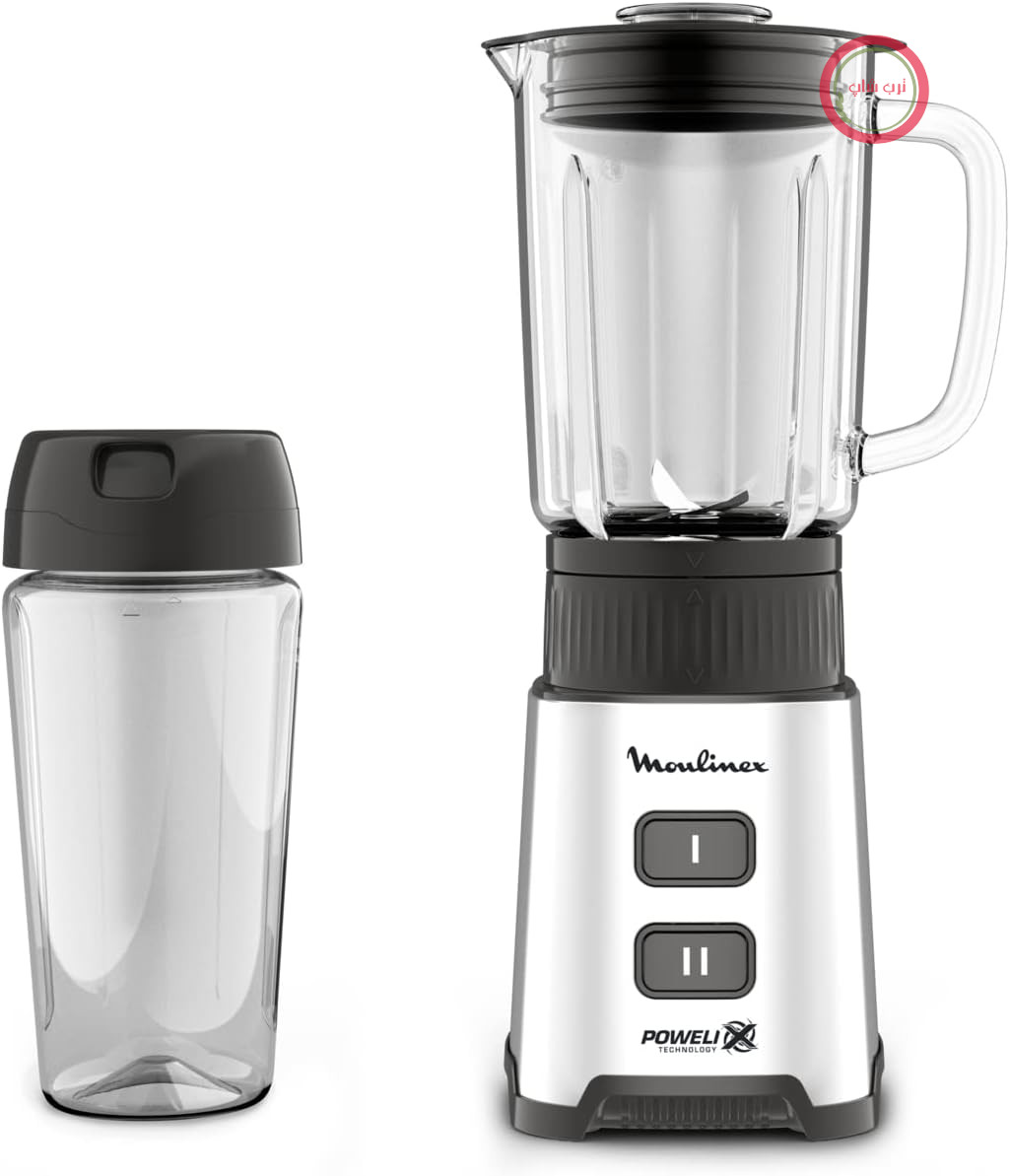 مخلوط کن Moulinex Pulseo LM17GD، 400 وات، 4 تیغه، 700 میلی لیتر، ظرف قابل حمل 600 میلی لیتری، 2 حالت سرعت، برای آبمیوه و اسموتی، استیل ضد زنگ