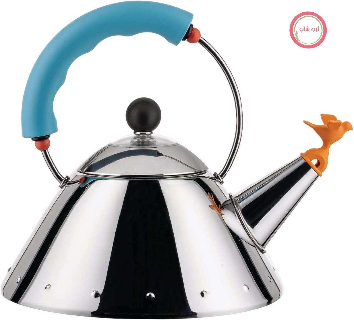 کتری Alessi 9093/1 LAZ - کتری با پایه مغناطیسی ساخته شده از استیل ضد زنگ 18/10، جلا داده شده، مناسب برای اجاق گازهای القایی، با دسته و فلوت PA به شکل پرنده، آبی روشن