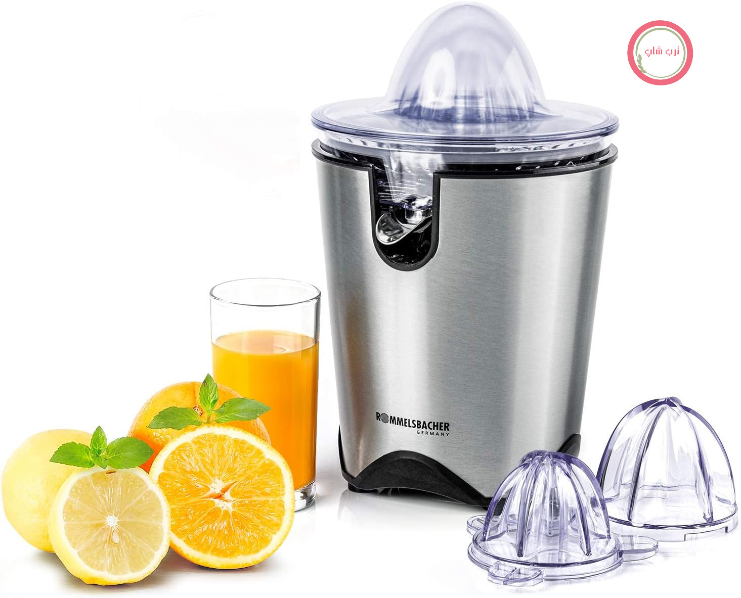 آب مرکبات گیری ROMMELSBACHER ZP 60/E - موتور قدرتمند/بی صدا، الک استیل ضد زنگ، دهانه تاشو، قطره گیر، 2 مخروط فشار دهنده (برای میوه های بزرگ و کوچک)، 100 وات، استیل ضد زنگ