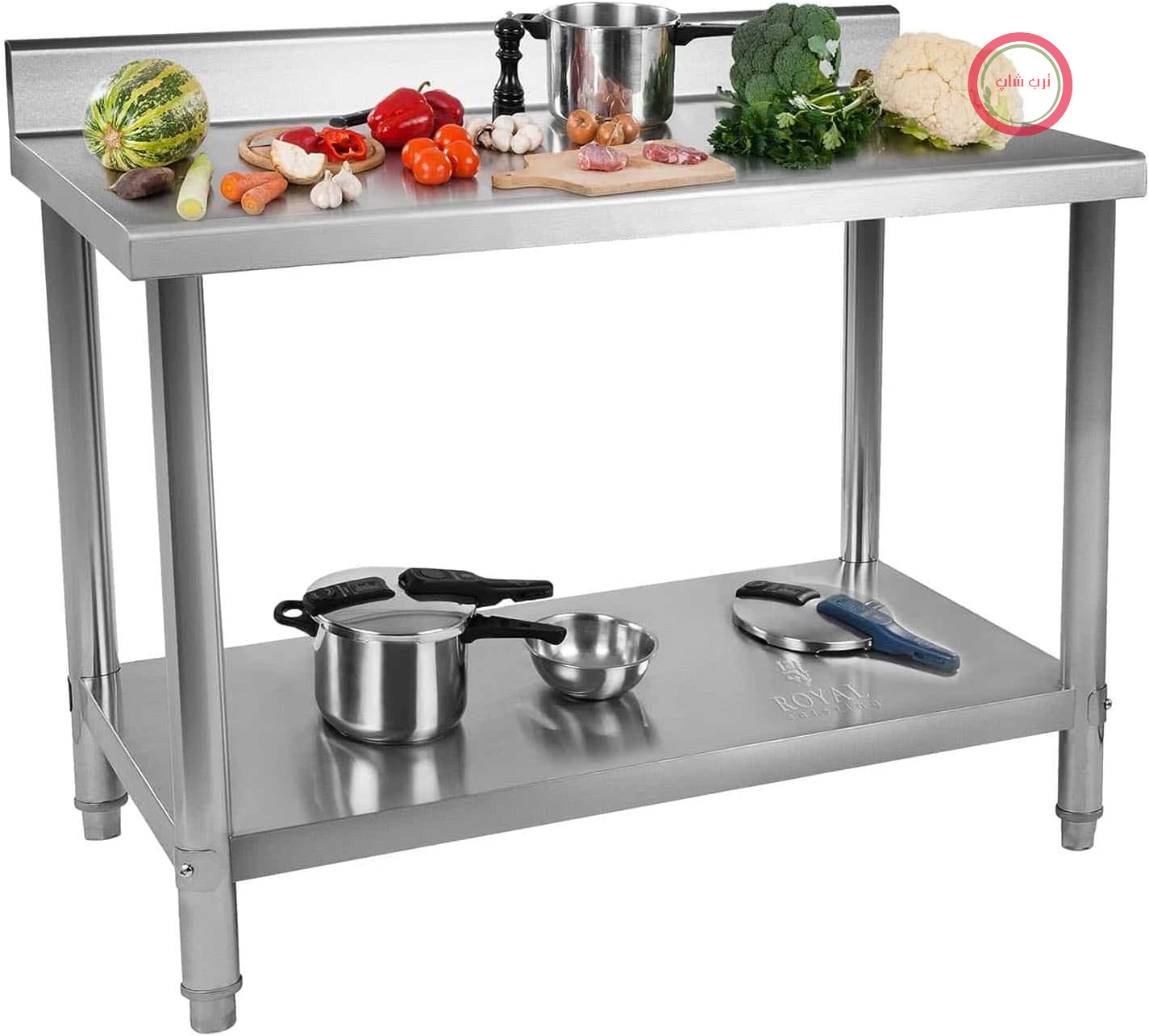 میز کار استیل ضد زنگ رویال کترینگ آلمان Royal Catering RCAT-100/60-N، میز آشپزخانه 100 در 60 سانتی متر با لبه برجسته، قابلیت تنظیم ارتفاع، میز گریل، مبلمان آشپزخانه فضای باز