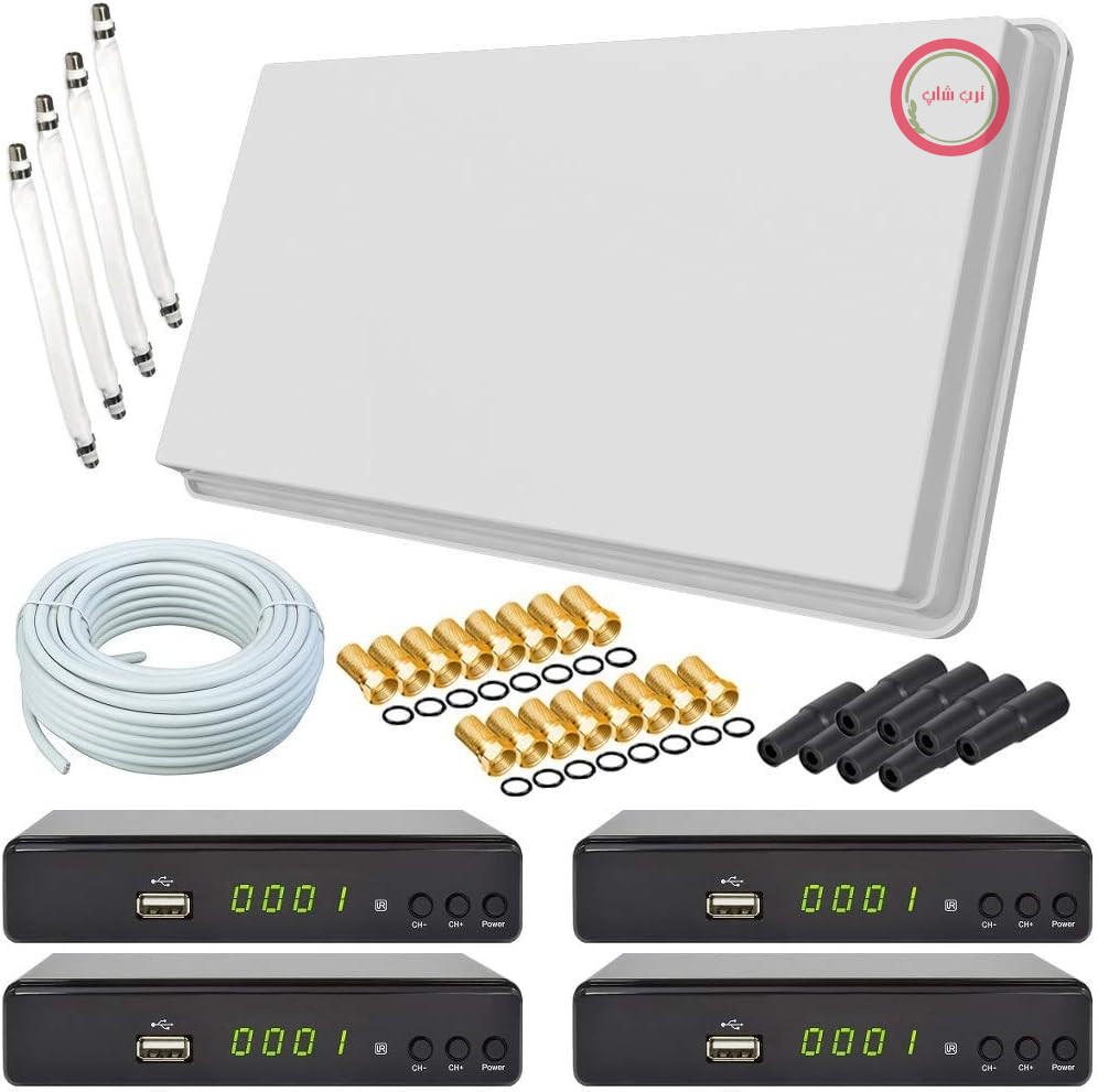 آنتن تخت چهارگانه سلف‌ست H30D4+ با قابلیت نصب روی پنجره + ۴ گیرنده HD + مجموعه اتصال کابل ۵۰ متری (۴ ورودی پنجره + ۱۶ کانکتور F + ۸ روکش مقاوم در برابر آب) سیستم برای ۴ کاربر