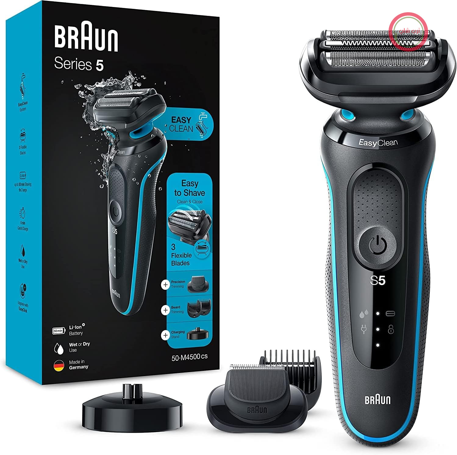 ریش تراش برقی مردانه براون سری 5 مدل 50-M4500cs با پایه شارژ، اصلاح کننده ریش، سبز نعنایی، فیروزه ای، 1 عدد (بسته 1 عددی)
