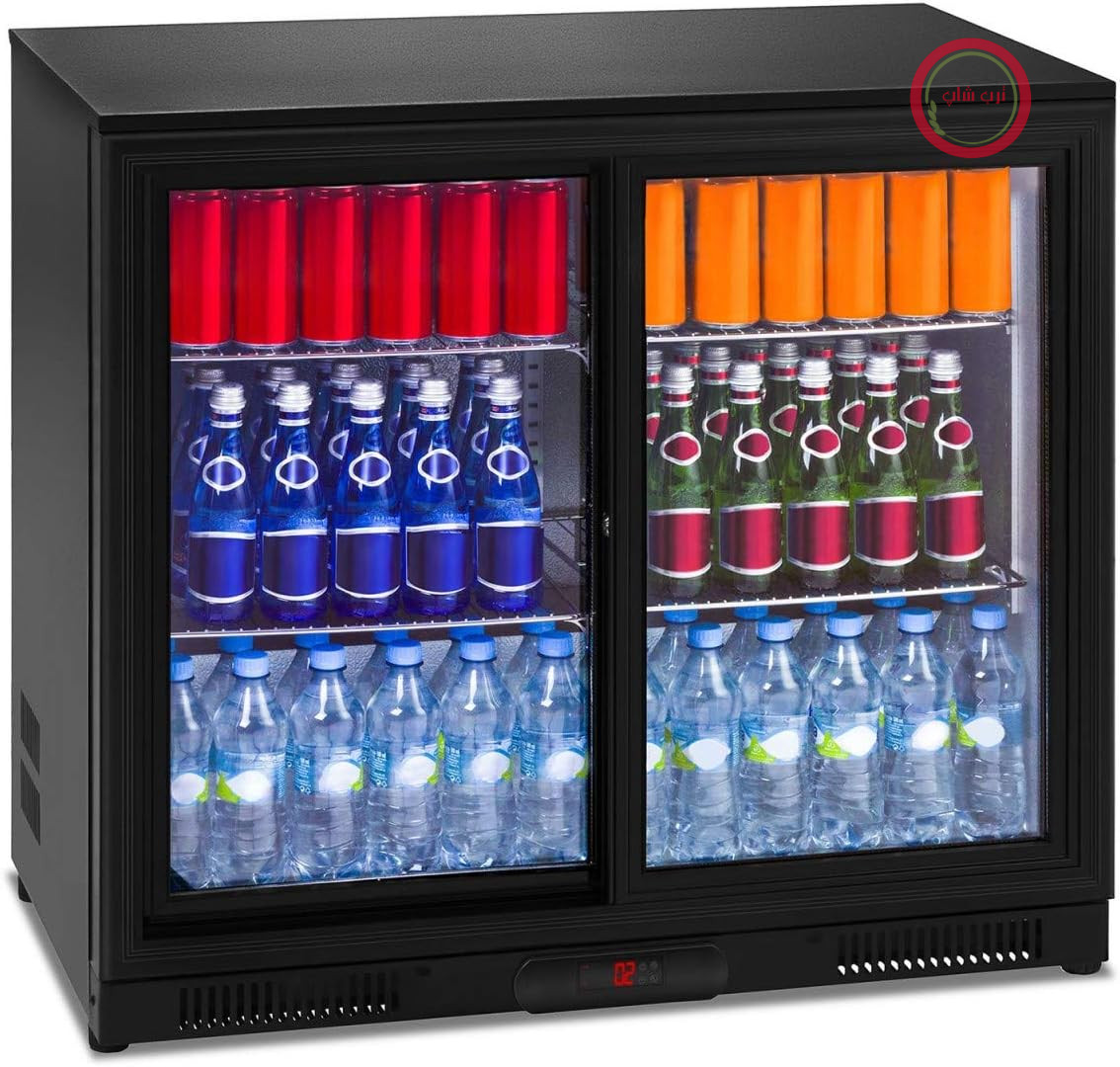 یخچال مینی‌بار Royal Catering RCGK-208C، خنک‌کننده بطری نوشیدنی با درب شیشه‌ای (208 لیتر، 2 تا 10 درجه سانتیگراد، درب‌های کشویی قفل‌دار، شیشه دوجداره، روشنایی LED، مشکی)