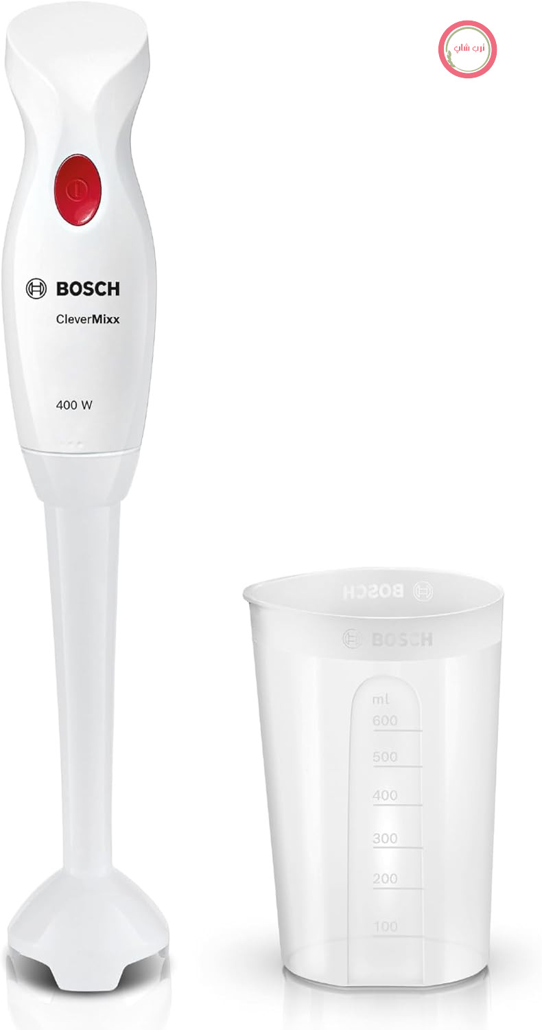 مخلوط کن دستی Bosch CleverMixx، پایه مخلوط کن قابل جدا شدن، دسته ارگونومیک، محفظه سبک، چاقوی 4 تیغه، تمیز کردن آسان، 400 وات، سفید/قرمز، MSM14000